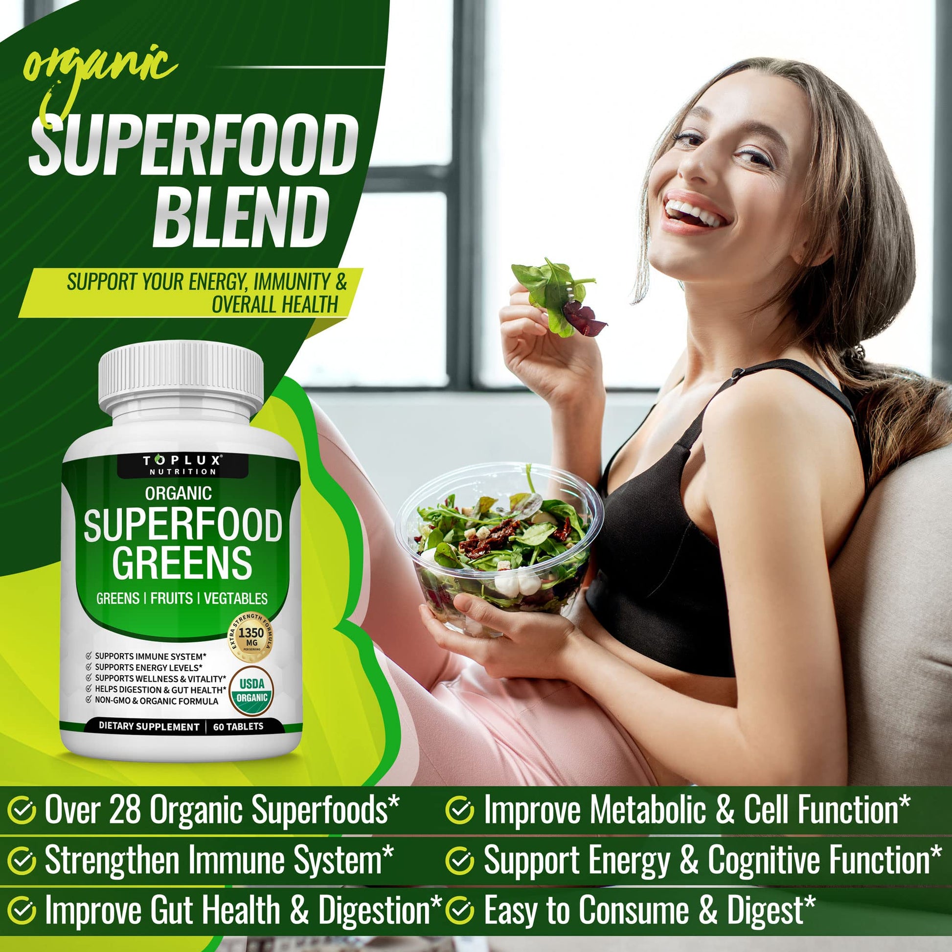 Organic Super Greens Capsules Superfood Fruit Veggie Supplement - 28 Powerful Natural - AB Mystery