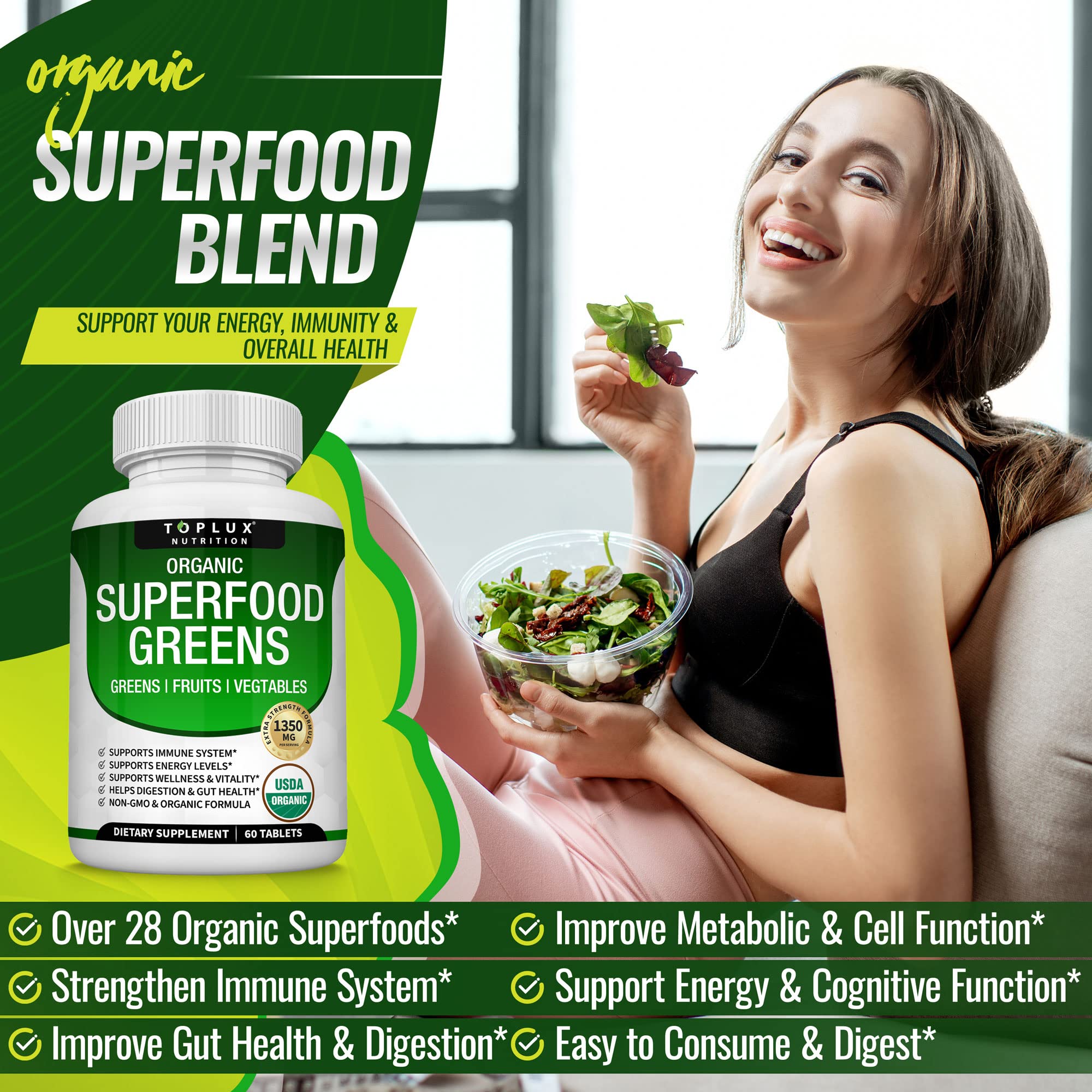 Organic Super Greens Capsules Superfood Fruit Veggie Supplement - 28 Powerful Natural - AB Mystery