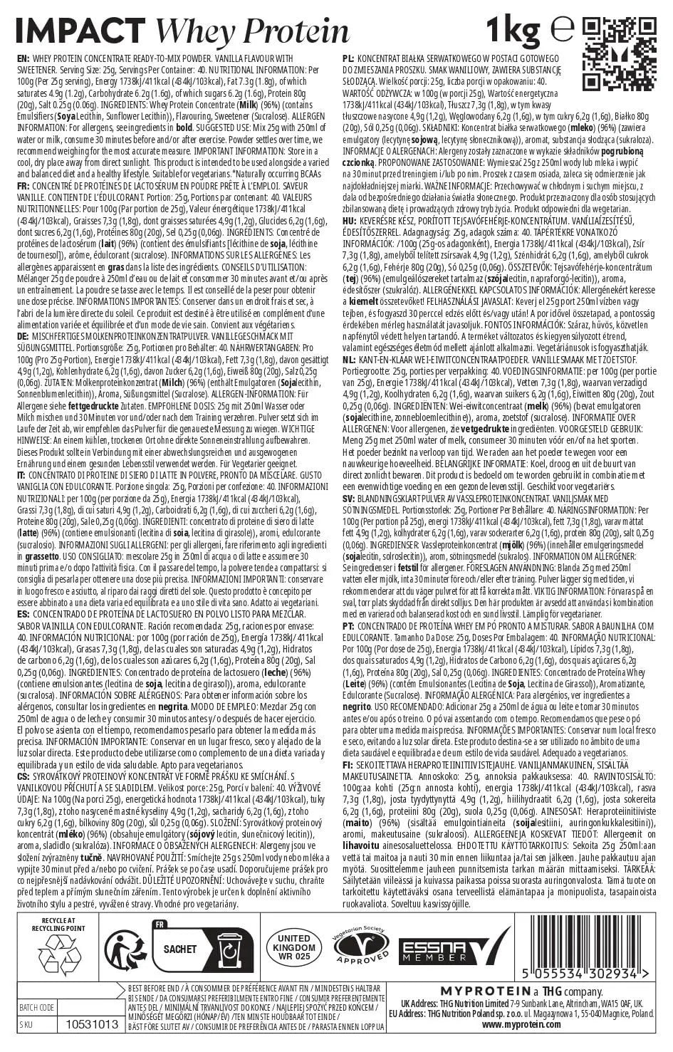 MyProtein Impact Whey Protein - Vanilla 1kg - 40 Servings Myprotein