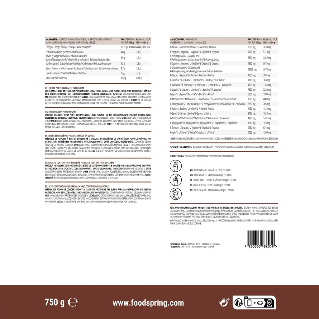 foodspring Whey Protein Powder Chocolate – with 22g Protein for Muscle Building, Perfect Solubility foodspring