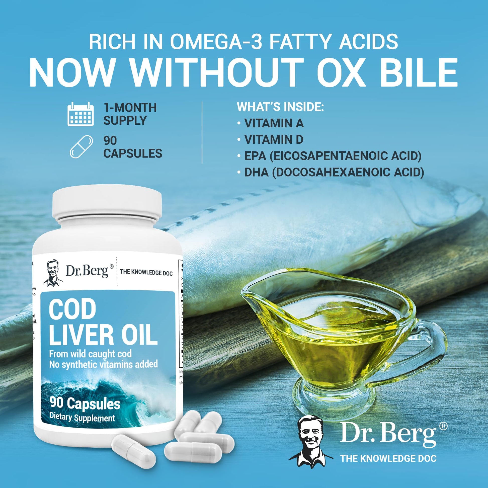 Dr. Berg Cod Liver Oil Capsules - New Formula Without OxBile - Rich in Omega-3 Fatty - AB Mystery
