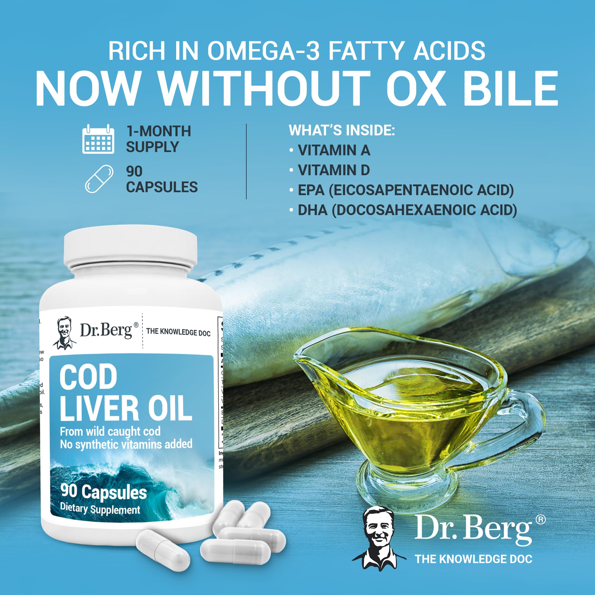 Dr. Berg Cod Liver Oil Capsules - New Formula Without OxBile - Rich in Omega-3 Fatty - AB Mystery