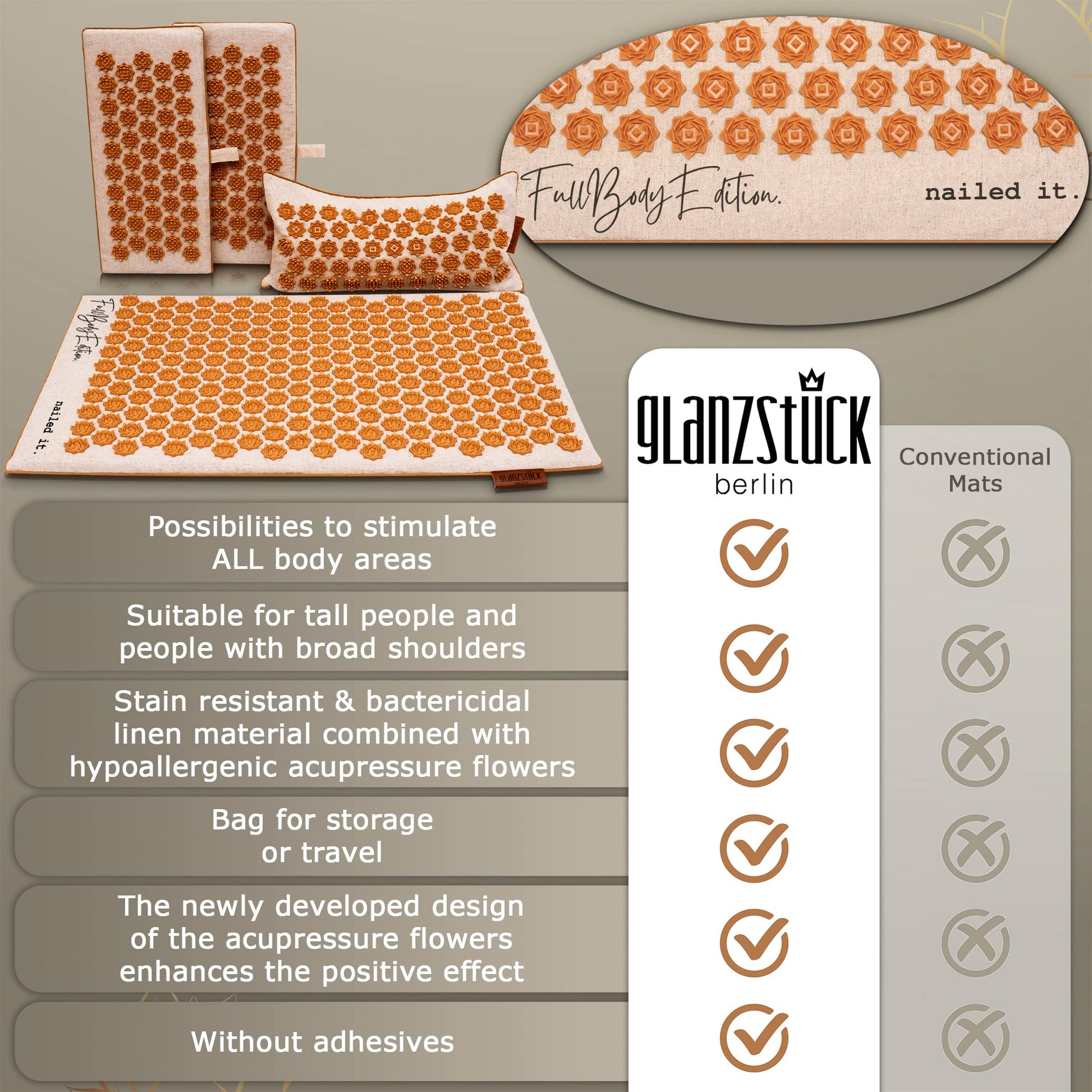 Glanzstück Berlin® Health Collection XXL Acupressure Mat Set for Full Body for Tension Headaches - AB Mystery