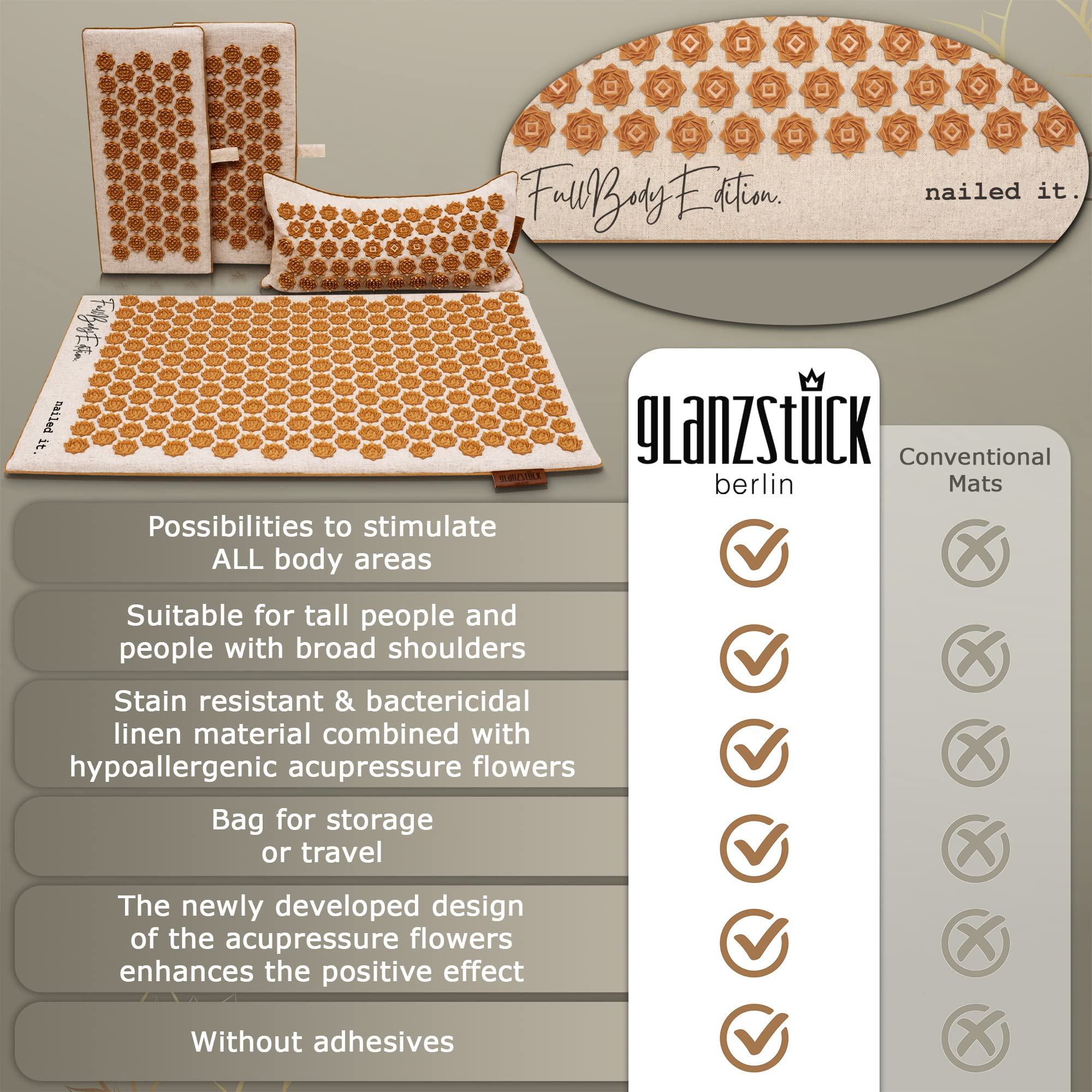Glanzstück Berlin® Health Collection XXL Acupressure Mat Set for Full Body for Tension Headaches - AB Mystery