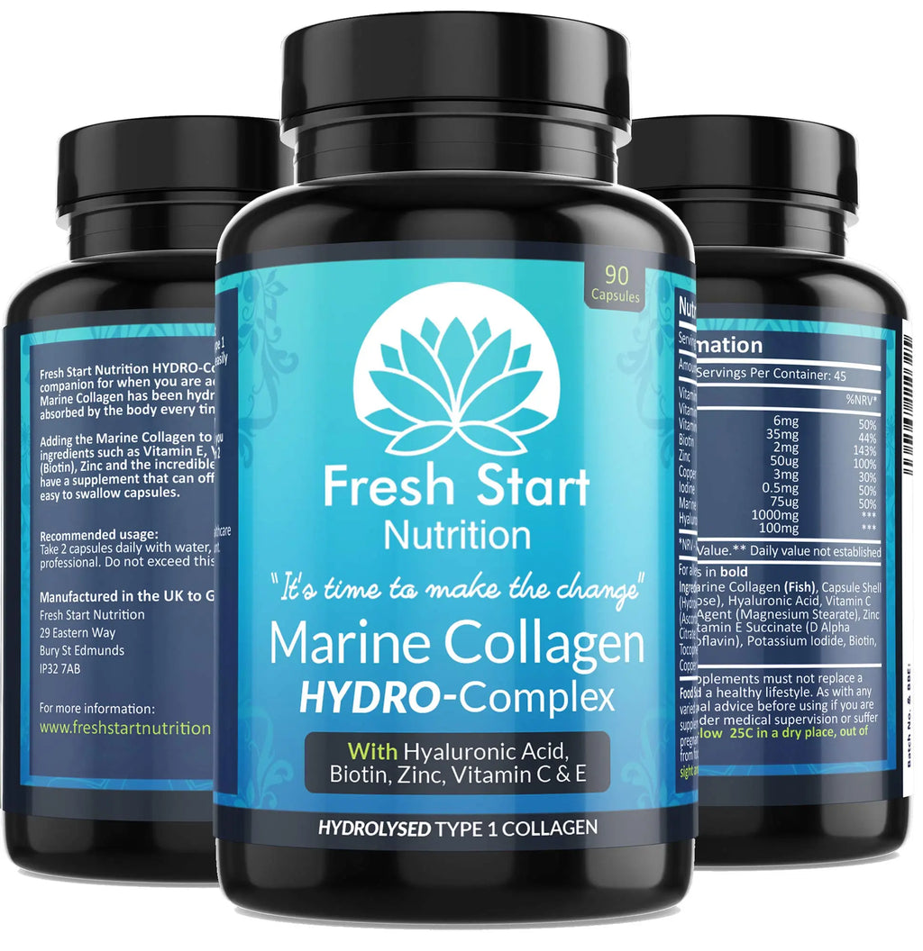 Marine Collagen Tablets 1000mg - 90 Premium Type 1 Hydrolysed Collagen Capsules with Hyaluronic Acid - AB Mystery
