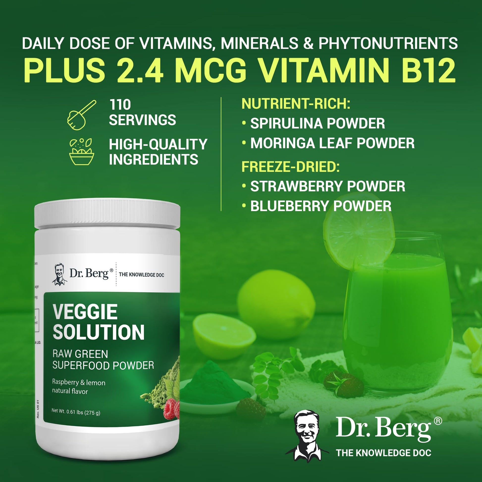 Dr. Berg's (Veggie Solution) Organic Super Greens Powder w/Spirulina - Raw Green - AB Mystery