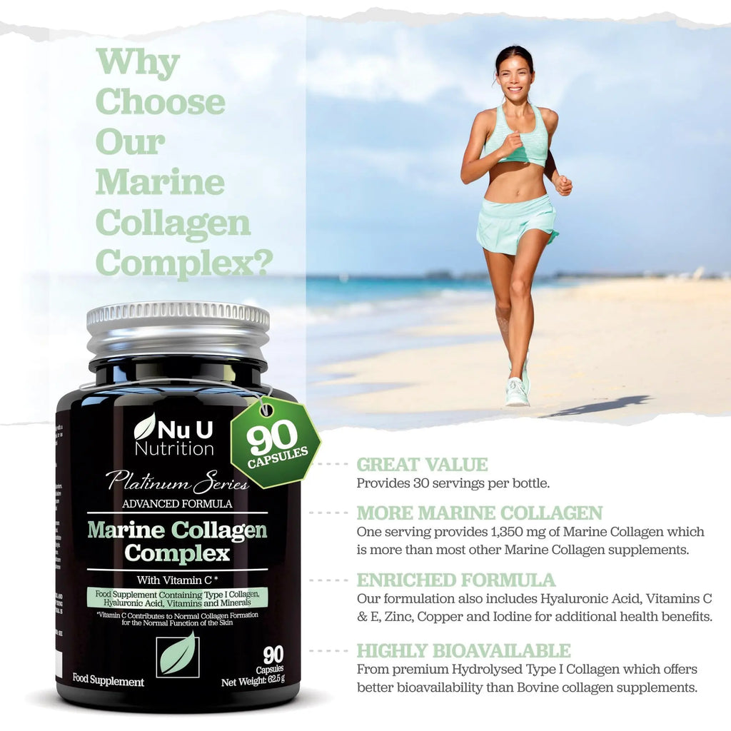 Marine Collagen with Hyaluronic Acid, Vitamin C - 90 Hydrolysed Capsules (not Tablets) - Premium High Strength Collagen - AB Mystery