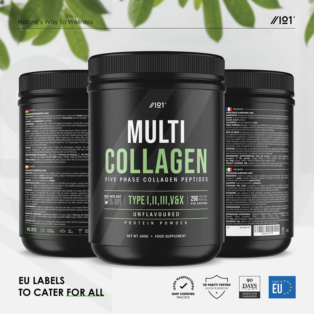 Multi Collagen Protein Powder (400g) - Types I, II, III, V & X - Hydrolyzed Grass Fed Bovine, Wild Caught Fish ALPHA01