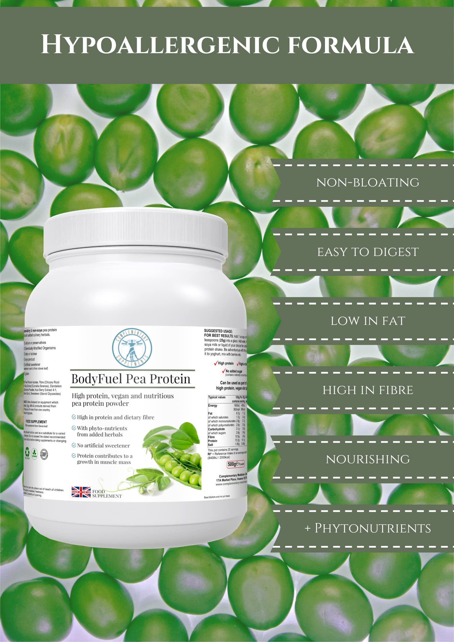 Complementary Supplements - BodyFuel Hypoallergenic Pea Protein Isolate Powder Plus Phytonutrients Complementary Supplements