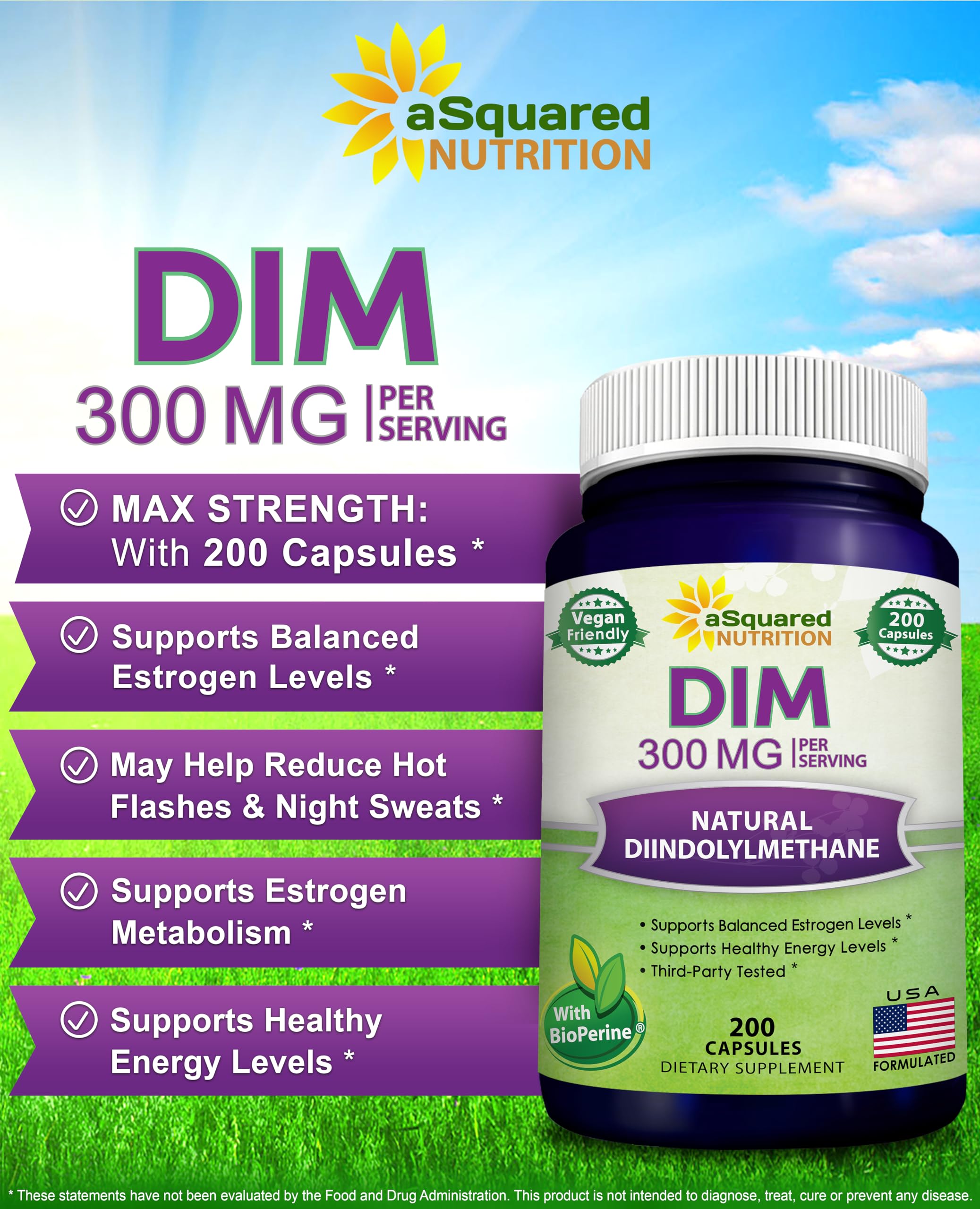 aSquared Nutrition DIM Supplement 300mg Plus BioPerine - 200 Veggie Capsules - Diindolylmethane DIM Max - AB Mystery