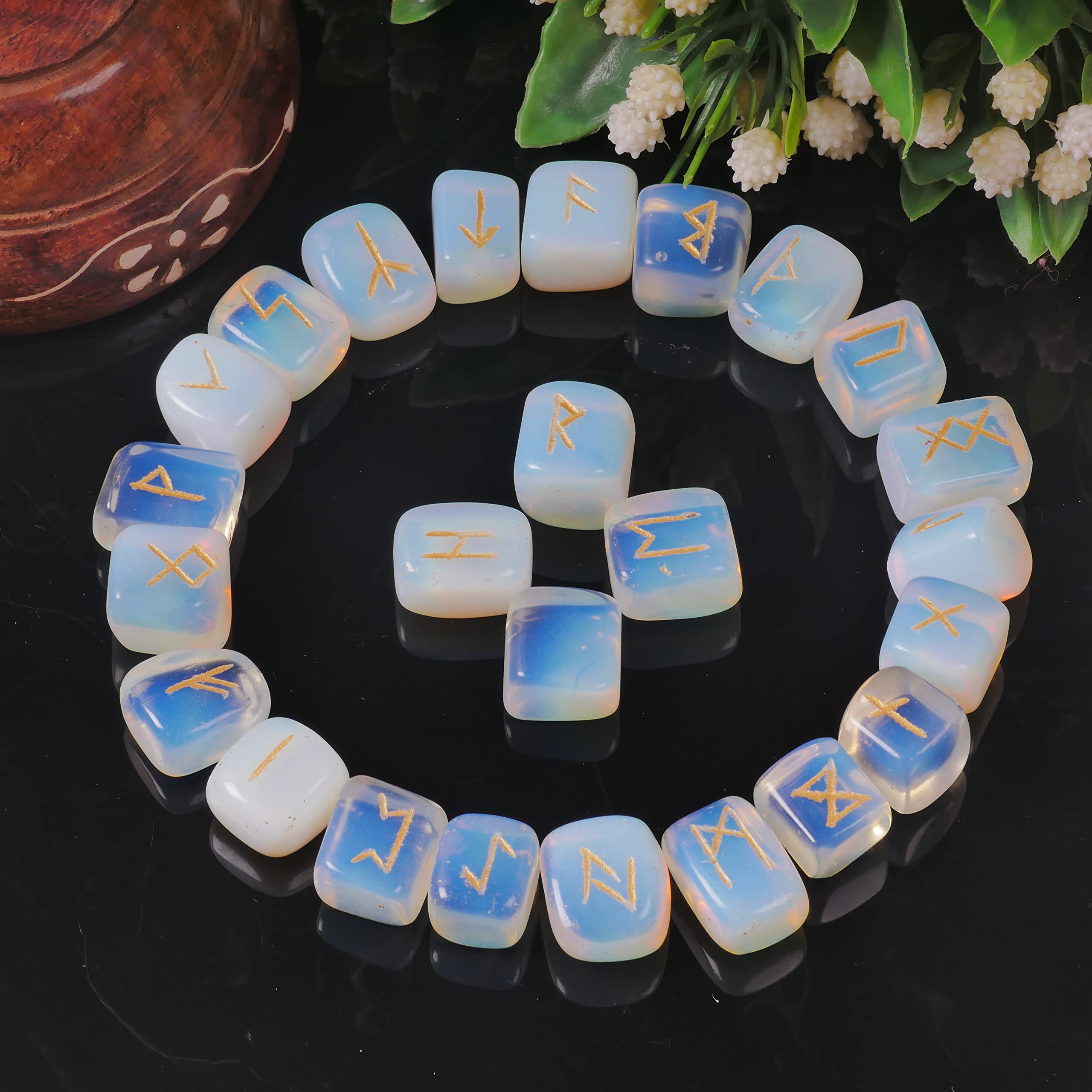 Opalite Rune Stone - Rune Set - Engraved Elder Futhark Alphabet Symbols - Witchcraft Crystals - AB Mystery