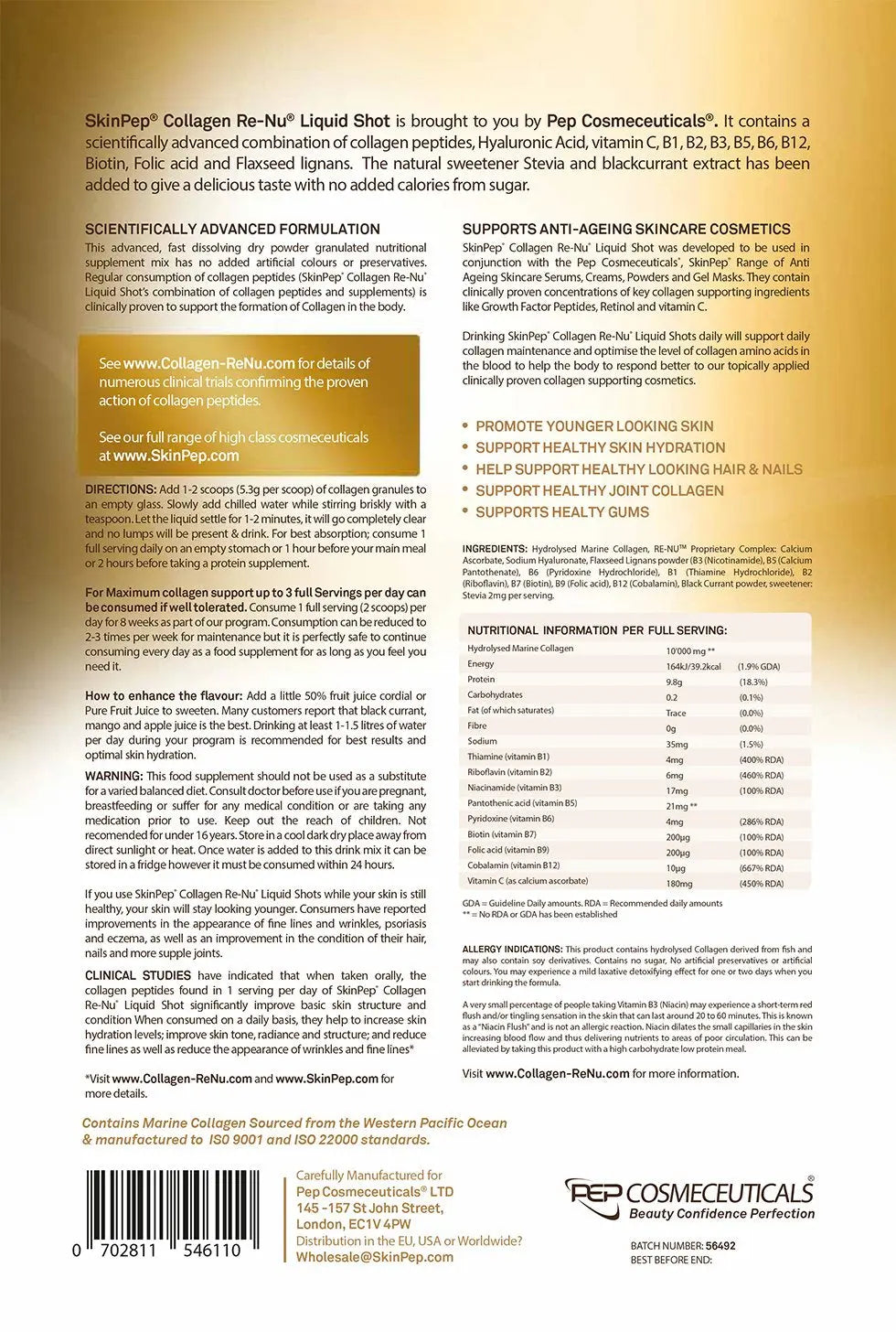 Premium Hydrolysed Marine Collagen Peptide Powder + VIT C, B Complex Hyaluronic Acid, & Stevia. Delicious Taste/No Fishy Smell - SkinPep® Collagen Re-Nu 300g - 30 Days Supply - AB Mystery