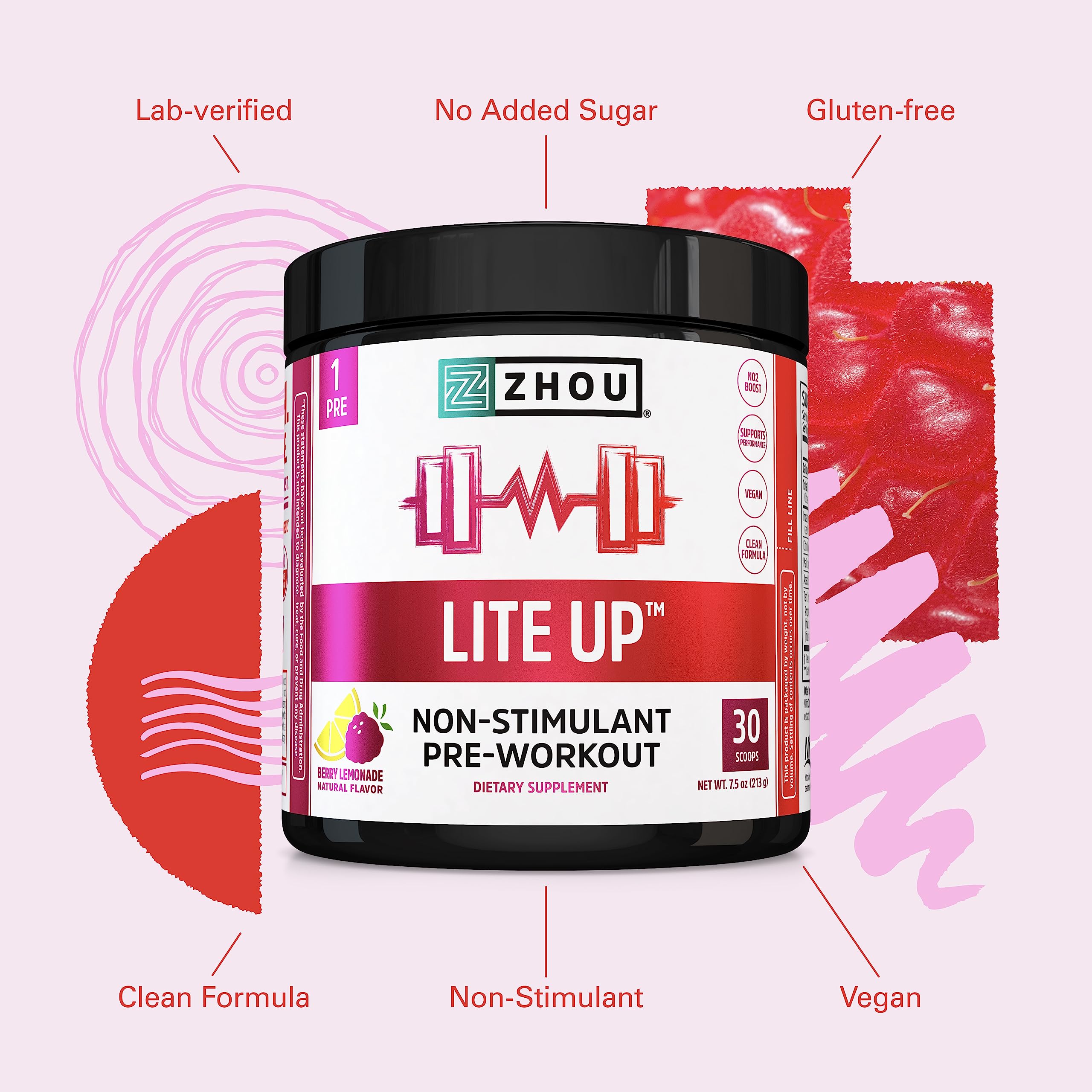 Zhou Nutrition Lite Up, Non-Stimulant Pre Workout Powder, Caffeine Free Nitric Oxide - AB Mystery