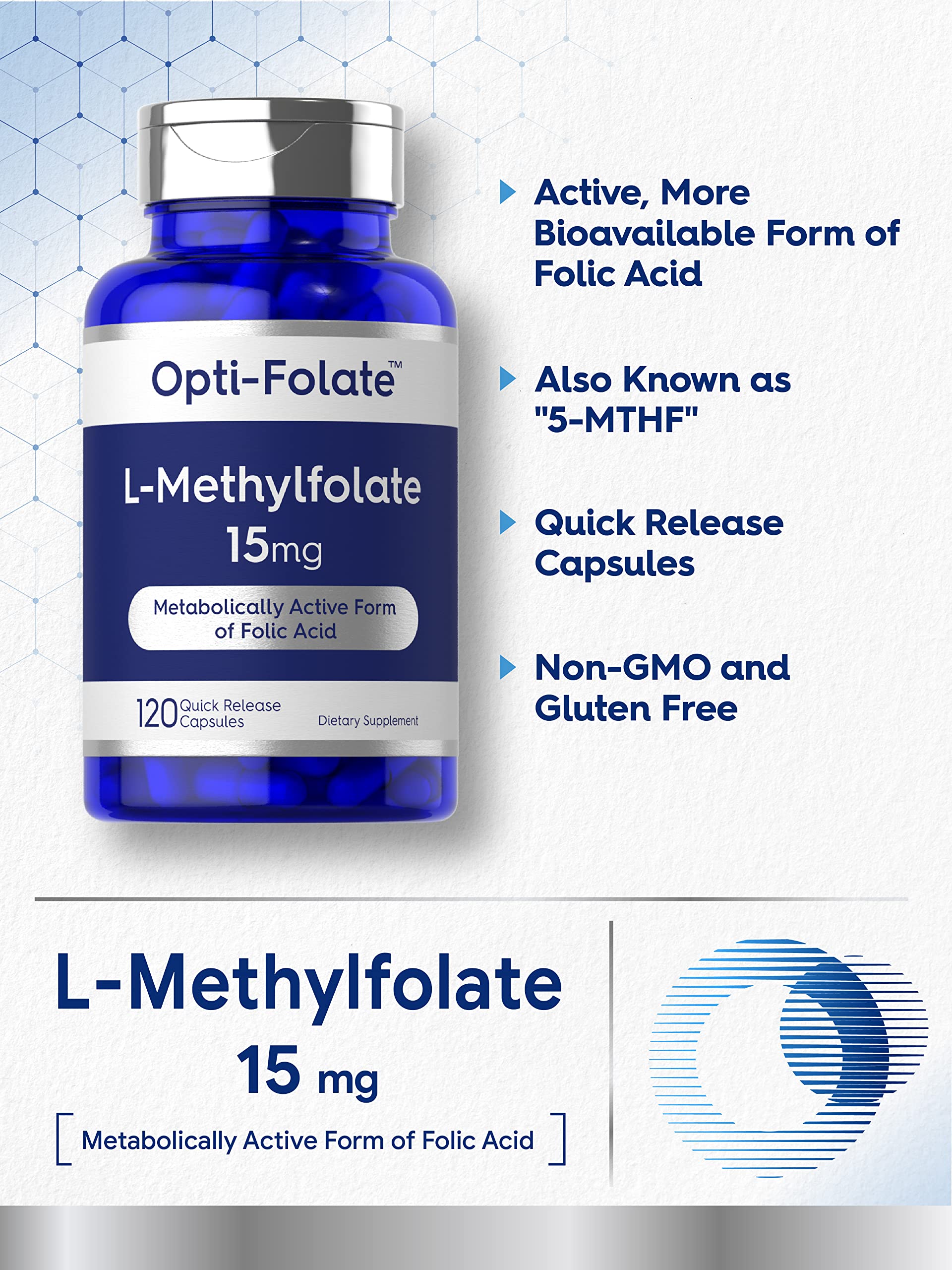 Carlyle L Methylfolate 15mg | 120 Capsules | Value Size | Max Potency | Optimized - AB Mystery