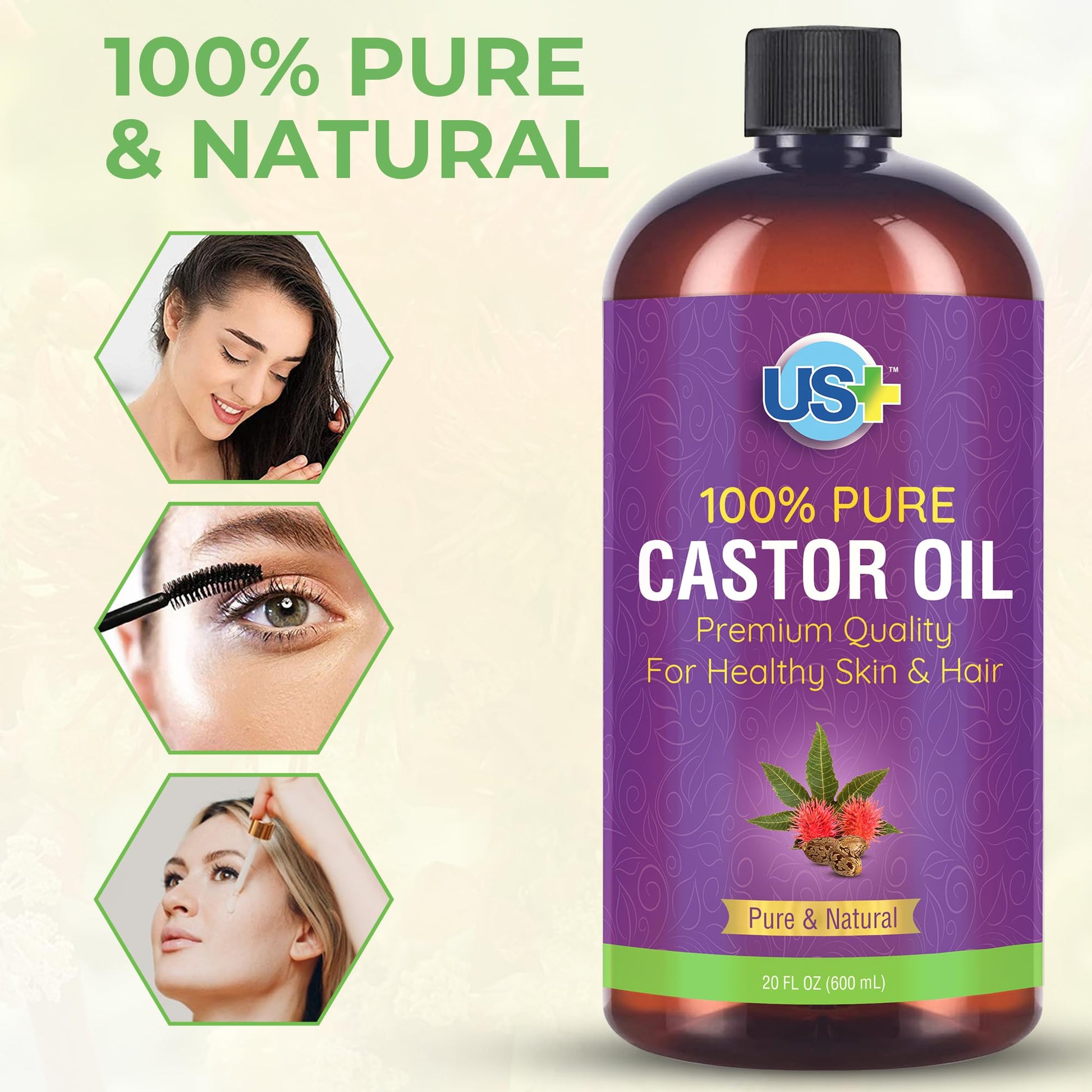 Us+ 20oz 100% Pure Castor Oil - Cold-pressed, Unrefined, Hexane-free - USP Grade - Premium Quality - AB Mystery