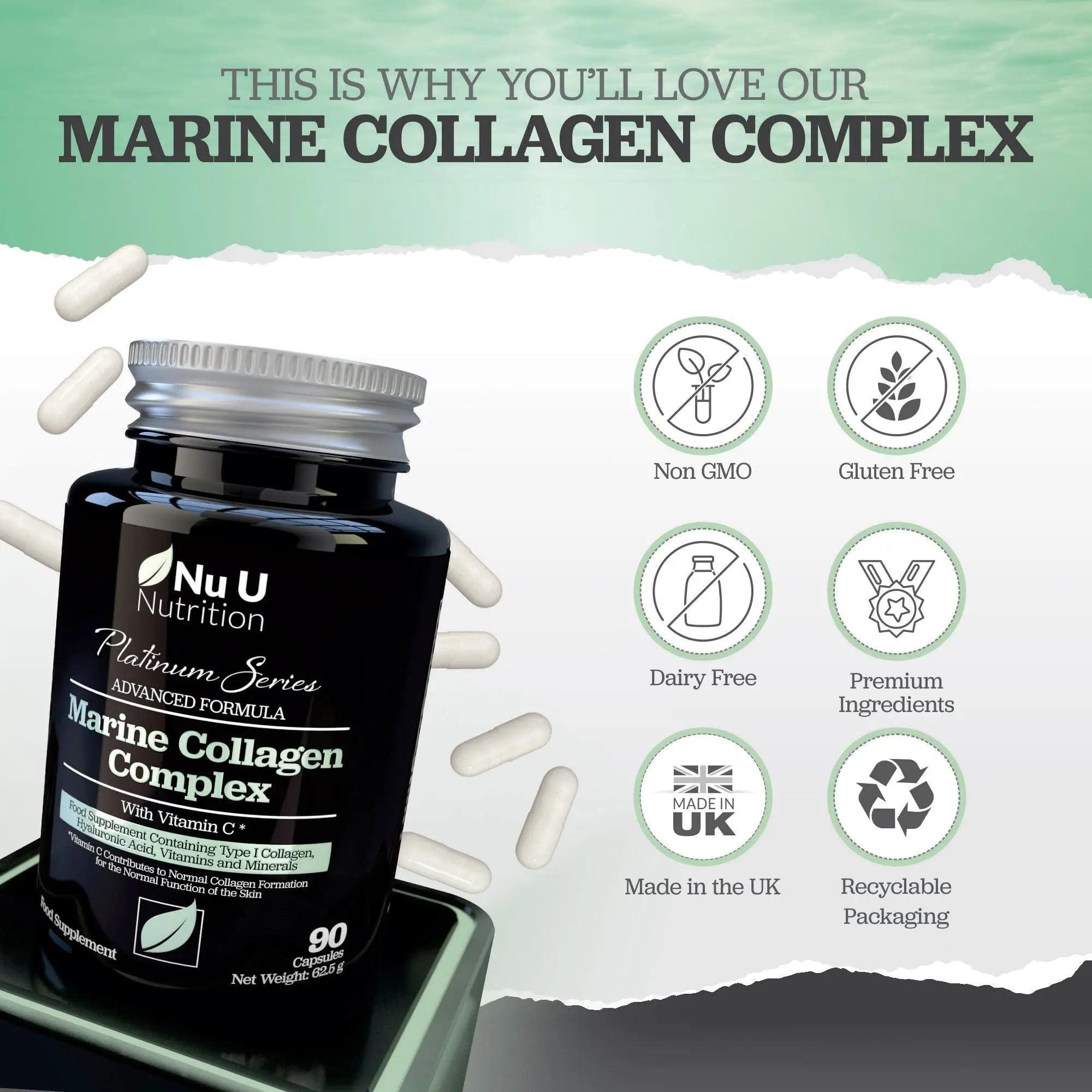 Marine Collagen with Hyaluronic Acid, Vitamin C - 90 Hydrolysed Capsules (not Tablets - AB Mystery