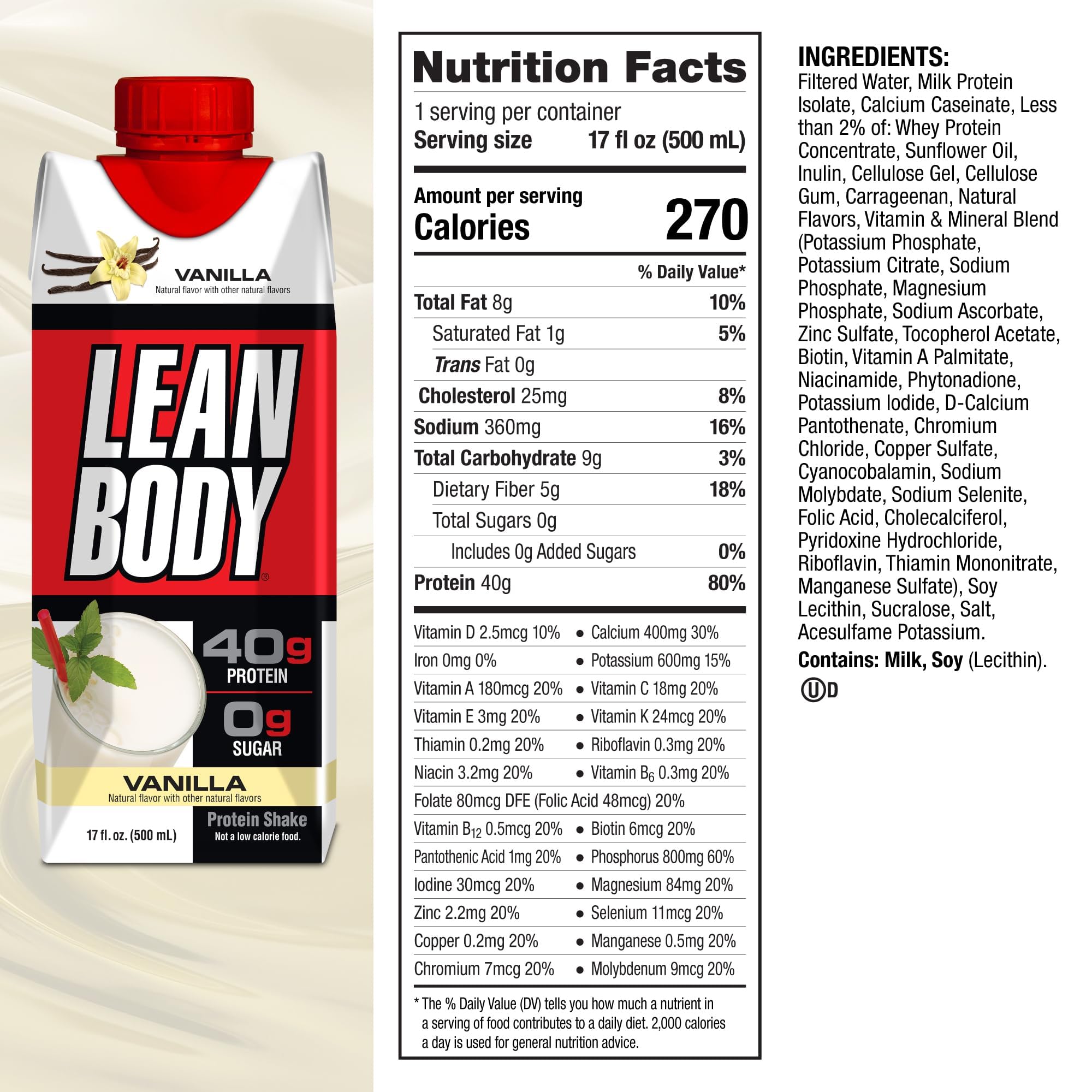 Lean Body Ready-to-Drink Vanilla Protein Shake, 40g Protein, Whey Blend, 0 Sugar, Gluten - AB Mystery