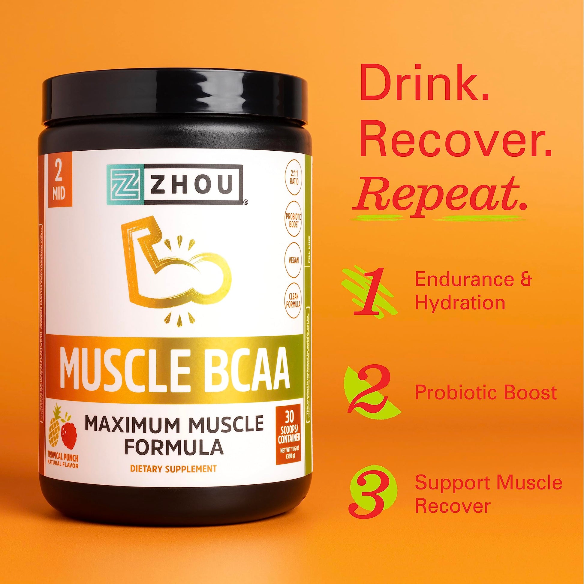 Zhou Nutrition Muscle BCAA Powder, Vegan Muscle Recovery, Natural, Clean Formula - AB Mystery