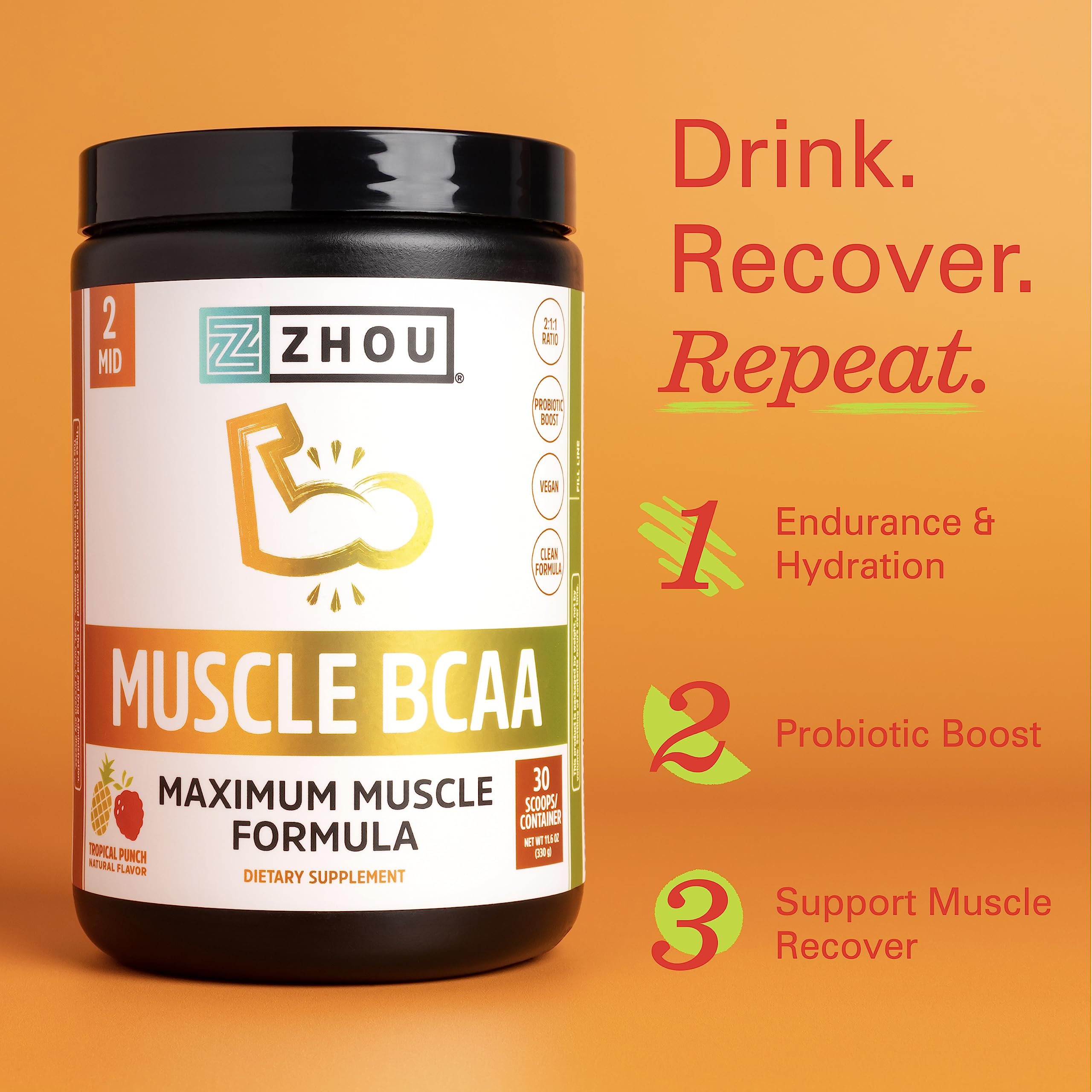 Zhou Nutrition Muscle BCAA Powder, Vegan Muscle Recovery, Natural, Clean Formula - AB Mystery