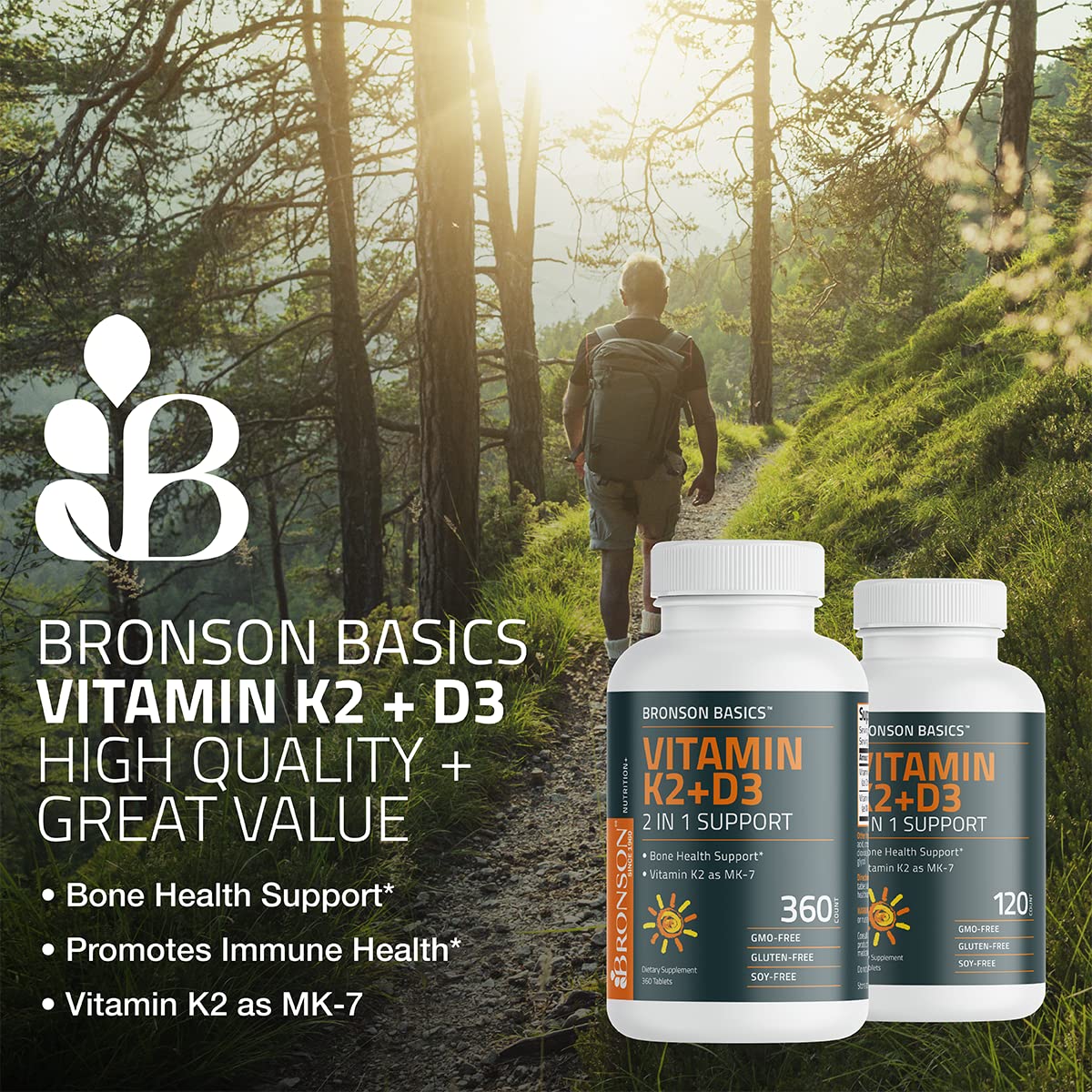 Bronson Basics Vitamin K2 D3 (MK7) Supplement Non-GMO Formula 5000IU (125 mcg) - AB Mystery