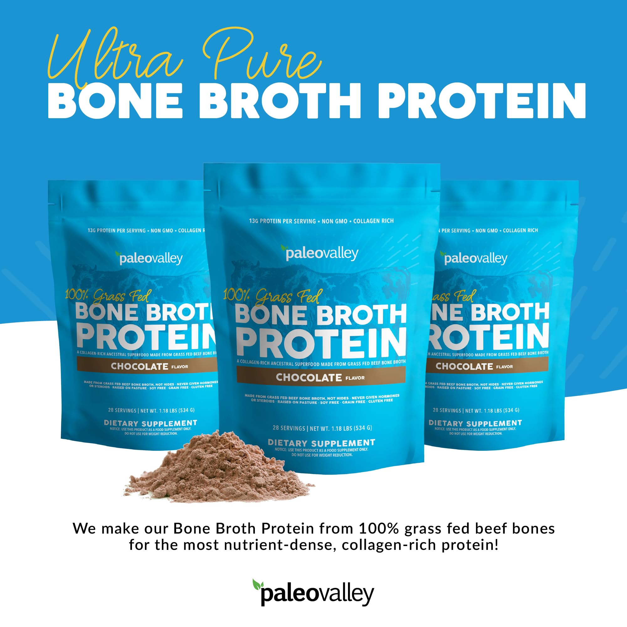 Paleovalley 100% Grass Fed Bone Broth Protein Powder - Chocolate - Rich in Collagen - AB Mystery