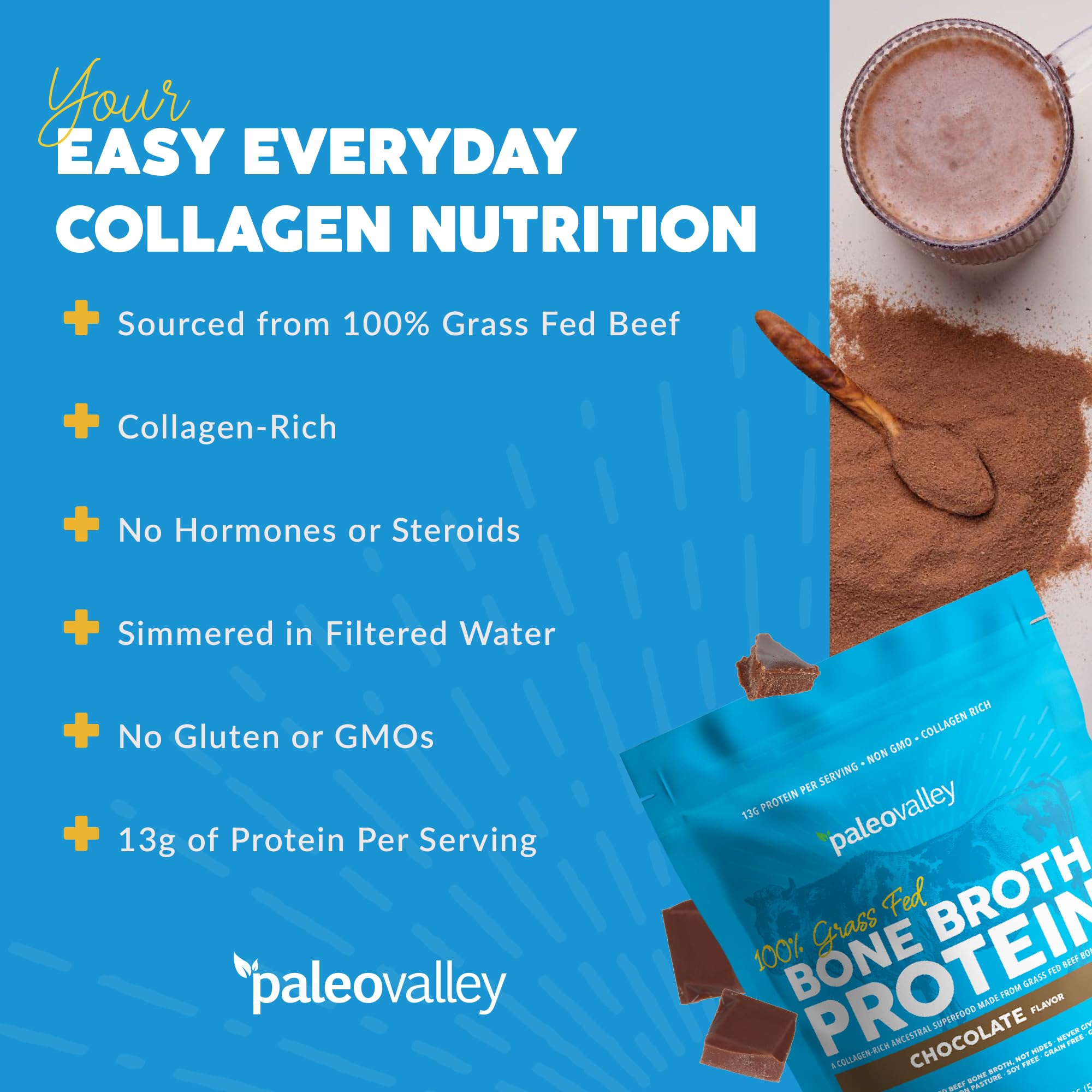 Paleovalley 100% Grass Fed Bone Broth Protein Powder - Chocolate - Rich in Collagen - AB Mystery