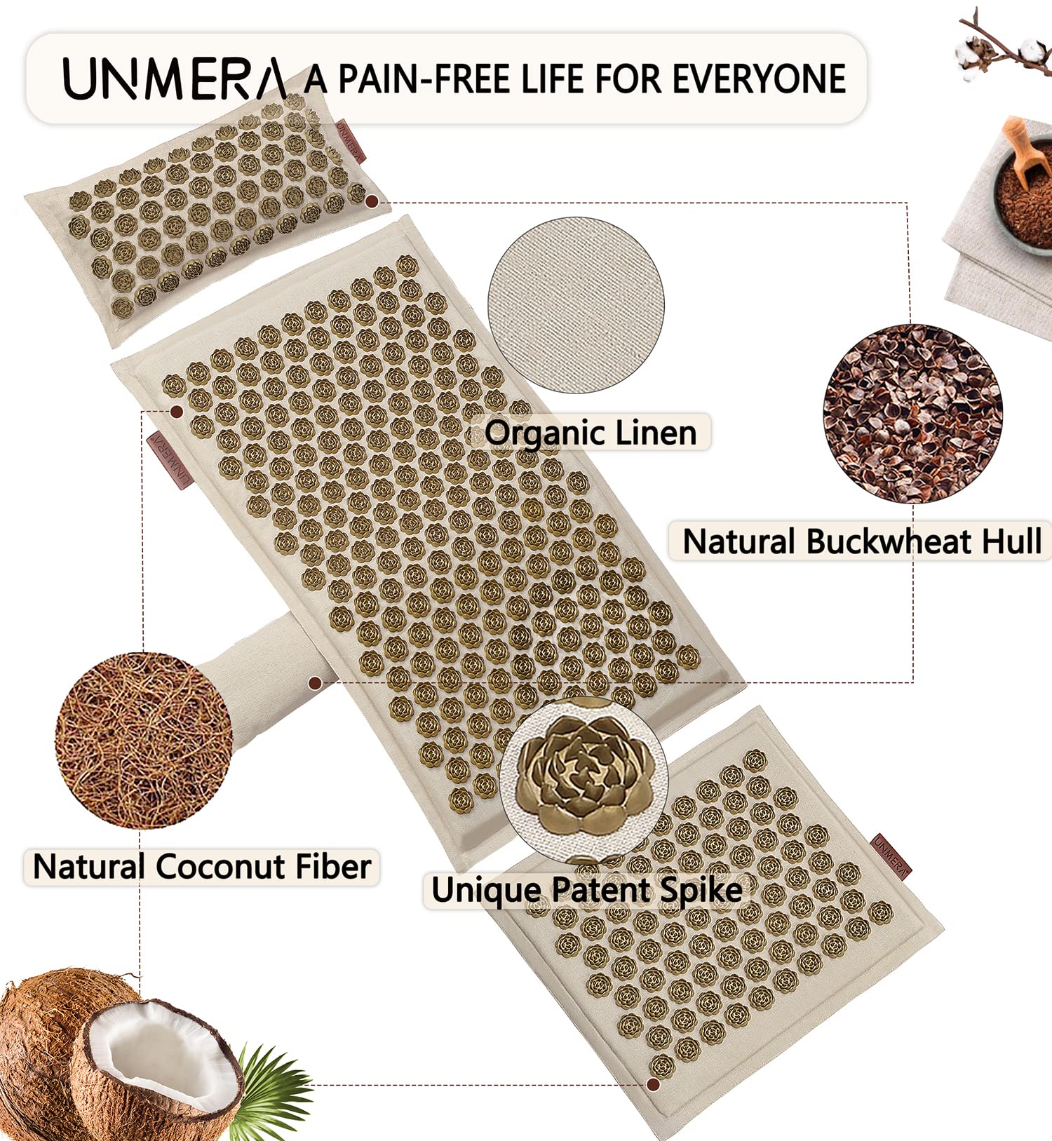 UNMERA Acupressure Mat and Pillow Set,Natural Premium Linen & Coconut Fiber Filling - AB Mystery
