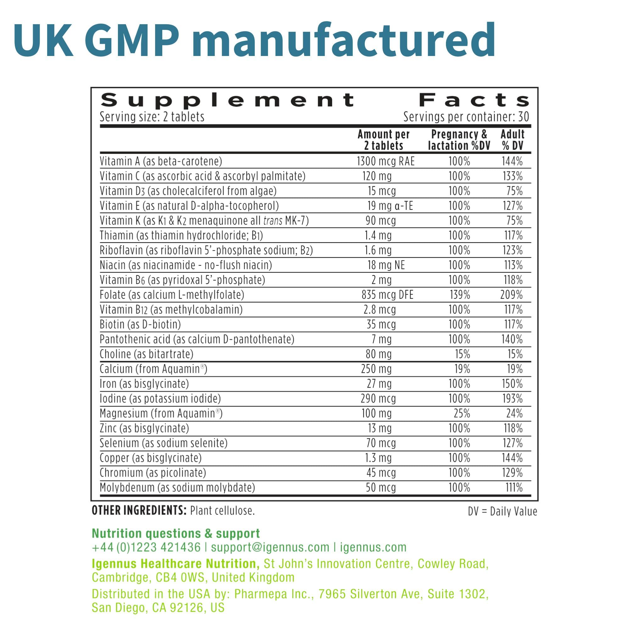 High Absorption Methylated Prenatal Multivitamin, Clean Label with Gentle Iron and Folic Acid Igennus Healthcare Nutrition
