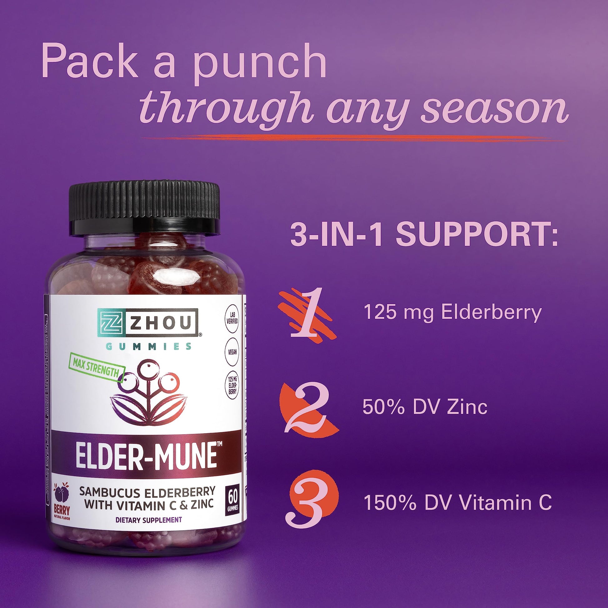 Zhou Nutrition Elder-Mune Sambucus Elderberry Gummies with Zinc and Vitamin C & vH - AB Mystery