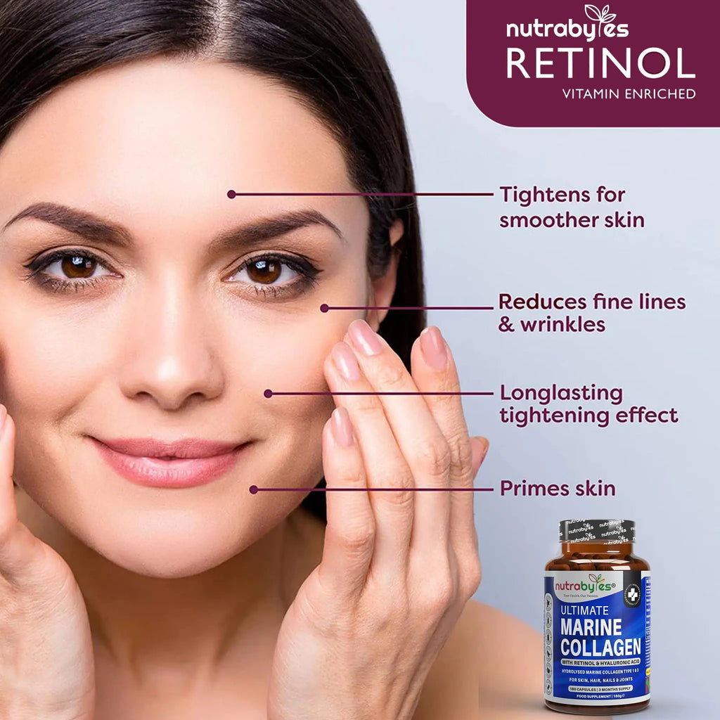 High Strength Marine Collagen with Hyaluronic Acid, Retinol and Vitamin C | 180 Capsules - 3 Months Supply NUTRABYTES