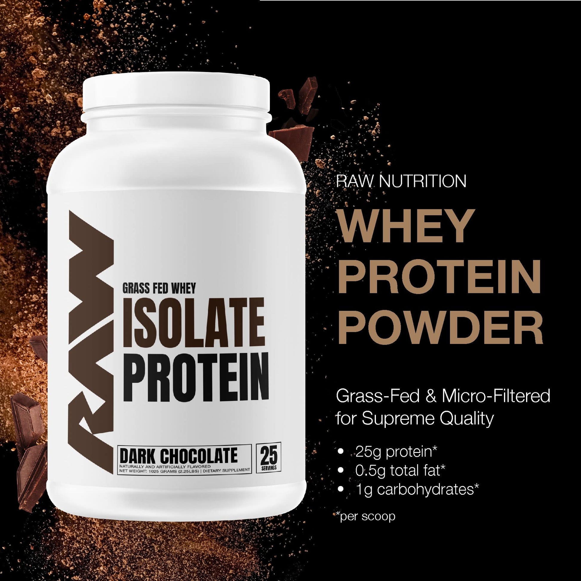 RAW Whey Isolate Protein Powder, Dark Chocolate - 100% Grass-Fed Sports Nutrition - AB Mystery
