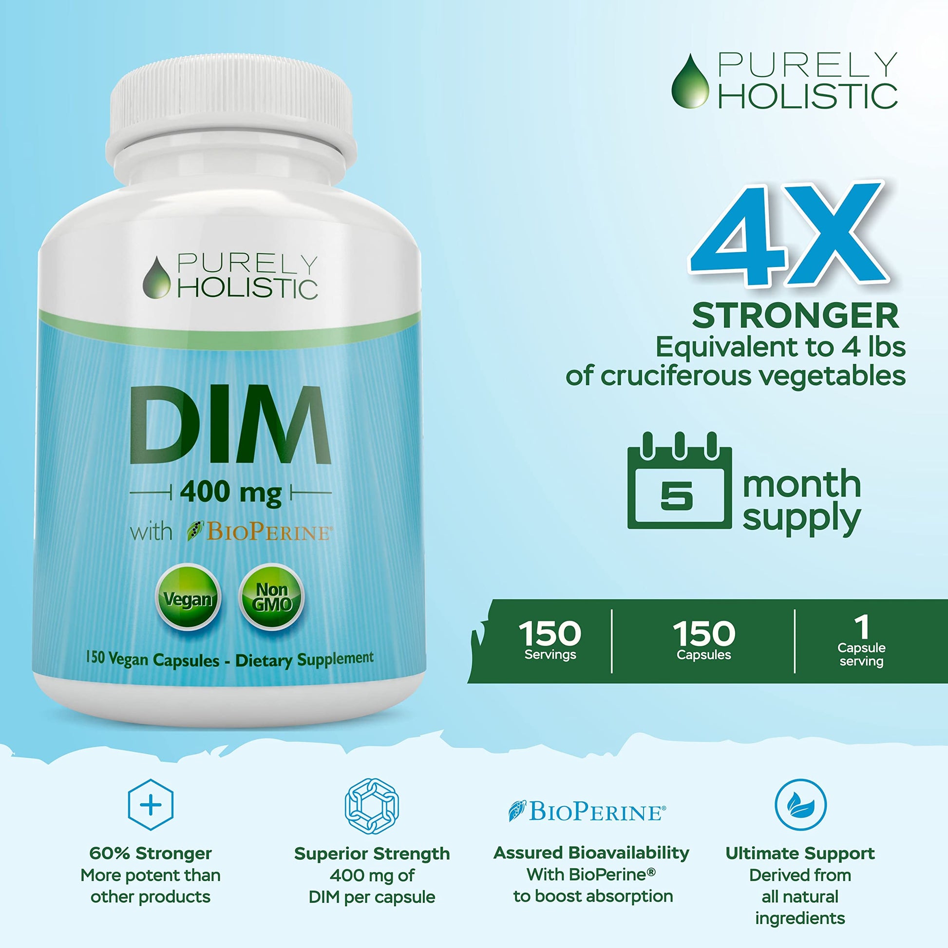 DIM Supplement 400mg Plus Bioperine - 150 Vegan Capsules - 5 Month Supply - Hormone Balance - AB Mystery