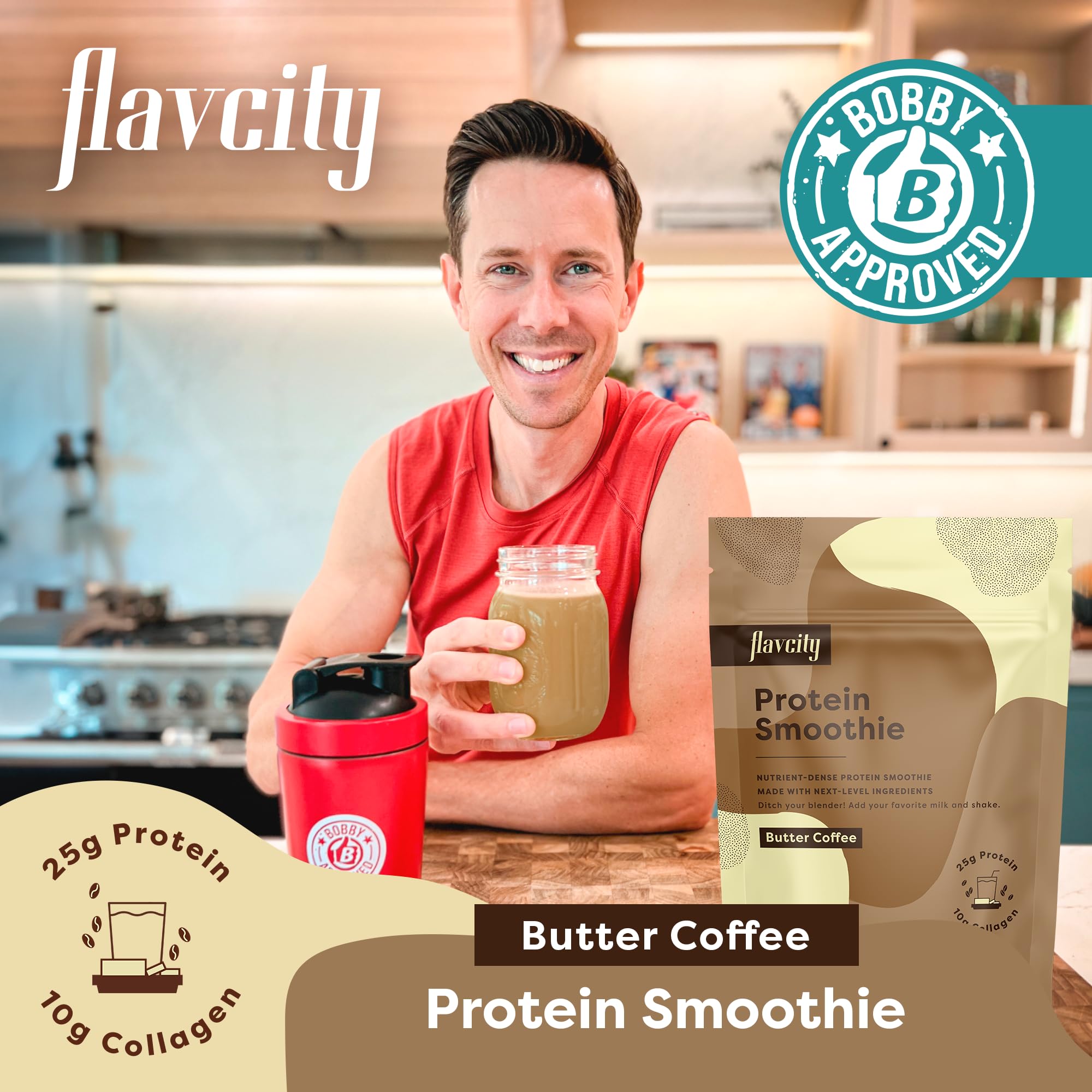 FlavCity Protein Powder Smoothie, Butter Coffee - 100% Grass-Fed Whey Protein Powder - AB Mystery
