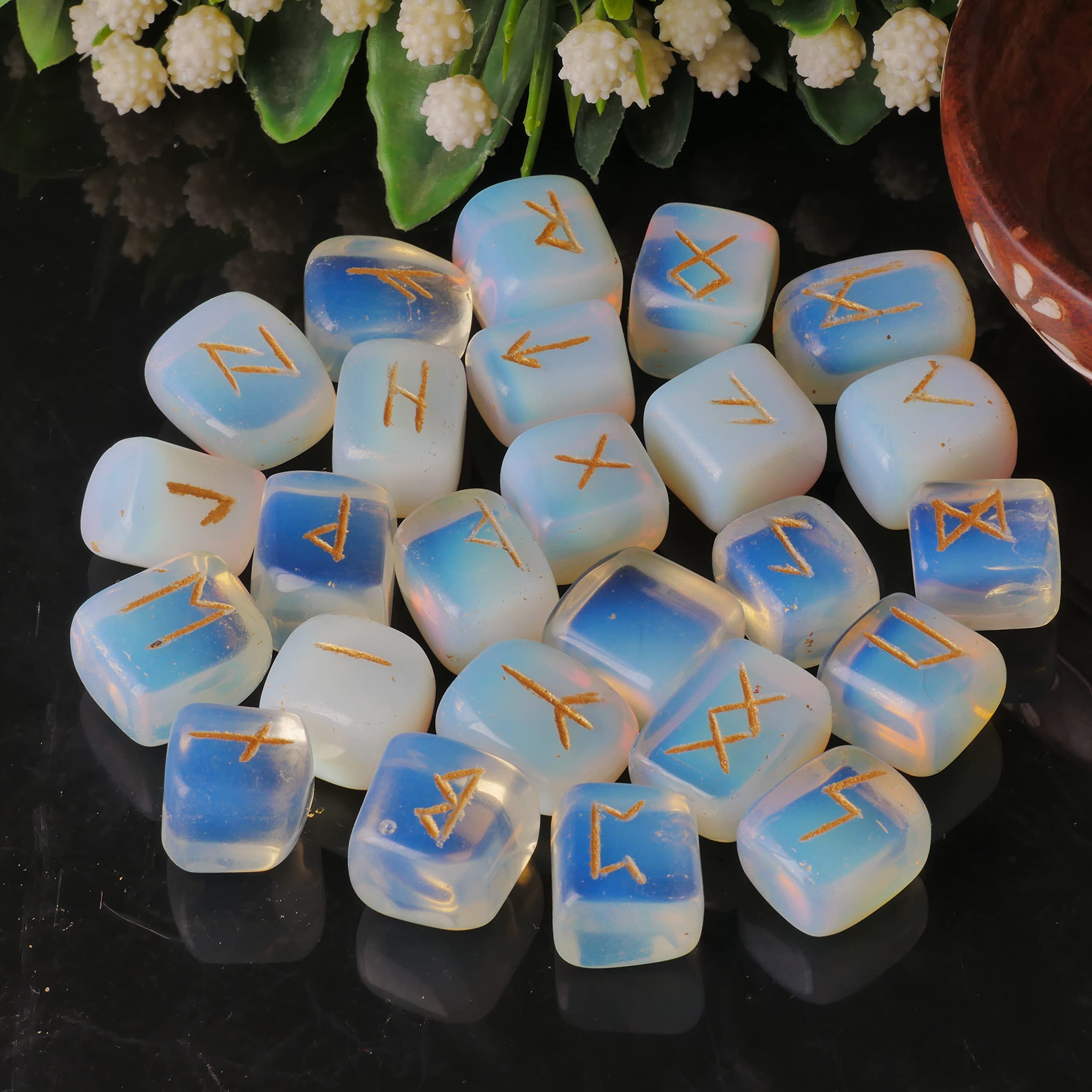 Opalite Rune Stone - Rune Set - Engraved Elder Futhark Alphabet Symbols - Witchcraft Crystals - AB Mystery