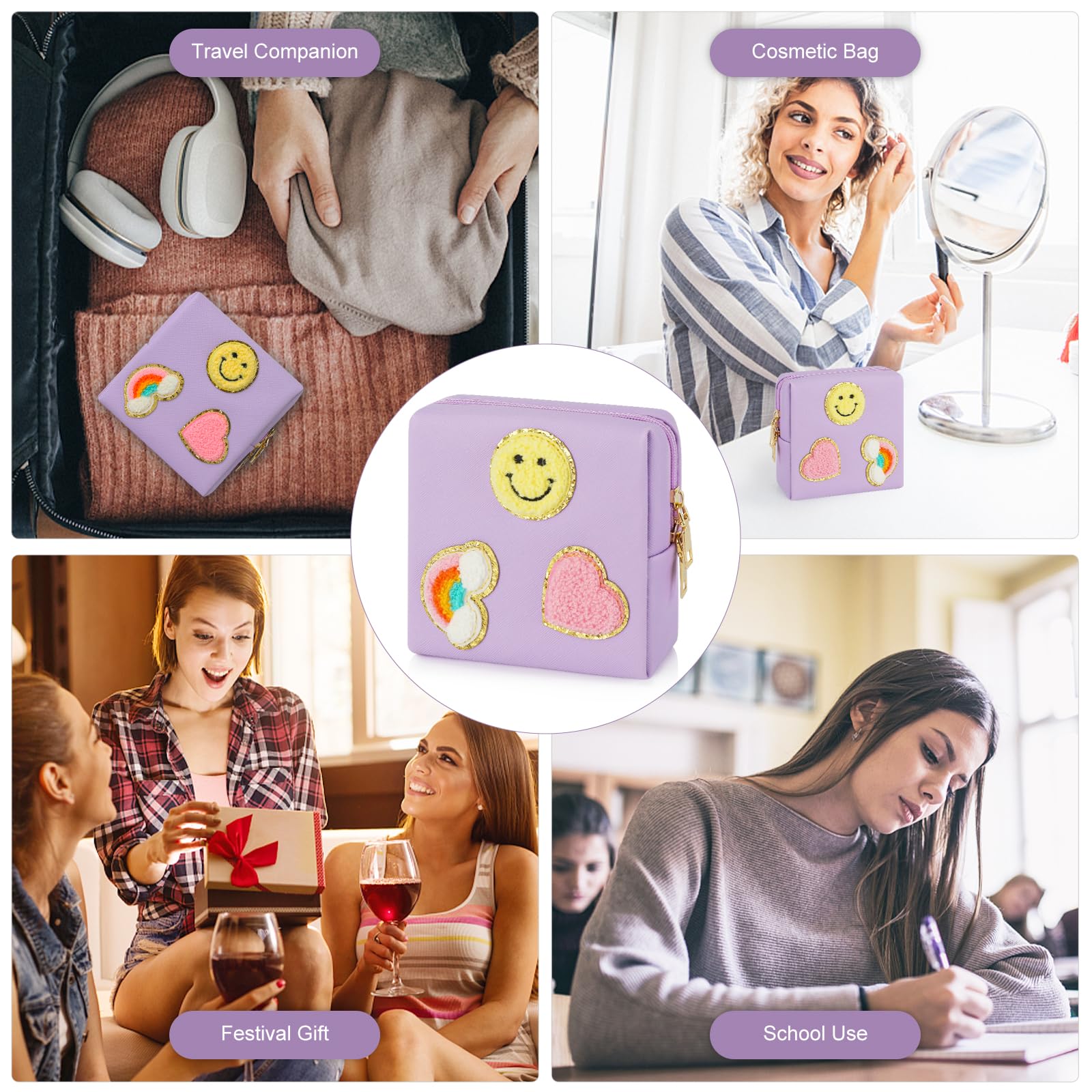 Preppy Patch Period Bag for Teen Aged Girls, Sanitary Napkin Storage Bag, Functional PU Leather Sanitary - AB Mystery