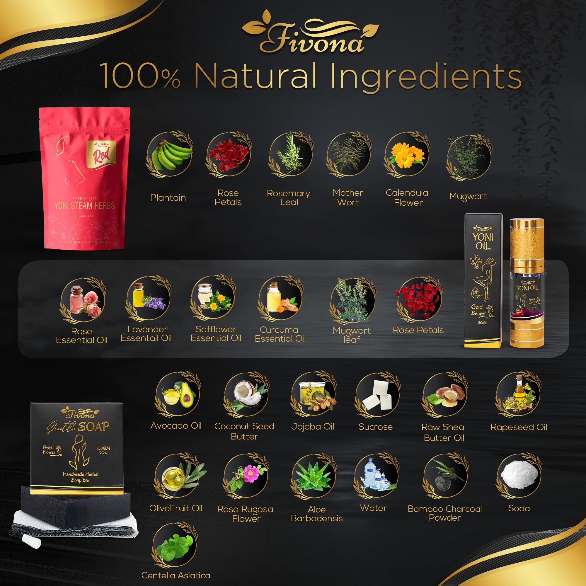 Fivona 4-in-1 Feminine Care Kit, Yoni Oil, Yoni Soap, Yoni Steaming Pot and Red Premium V Steam Herbs - AB Mystery