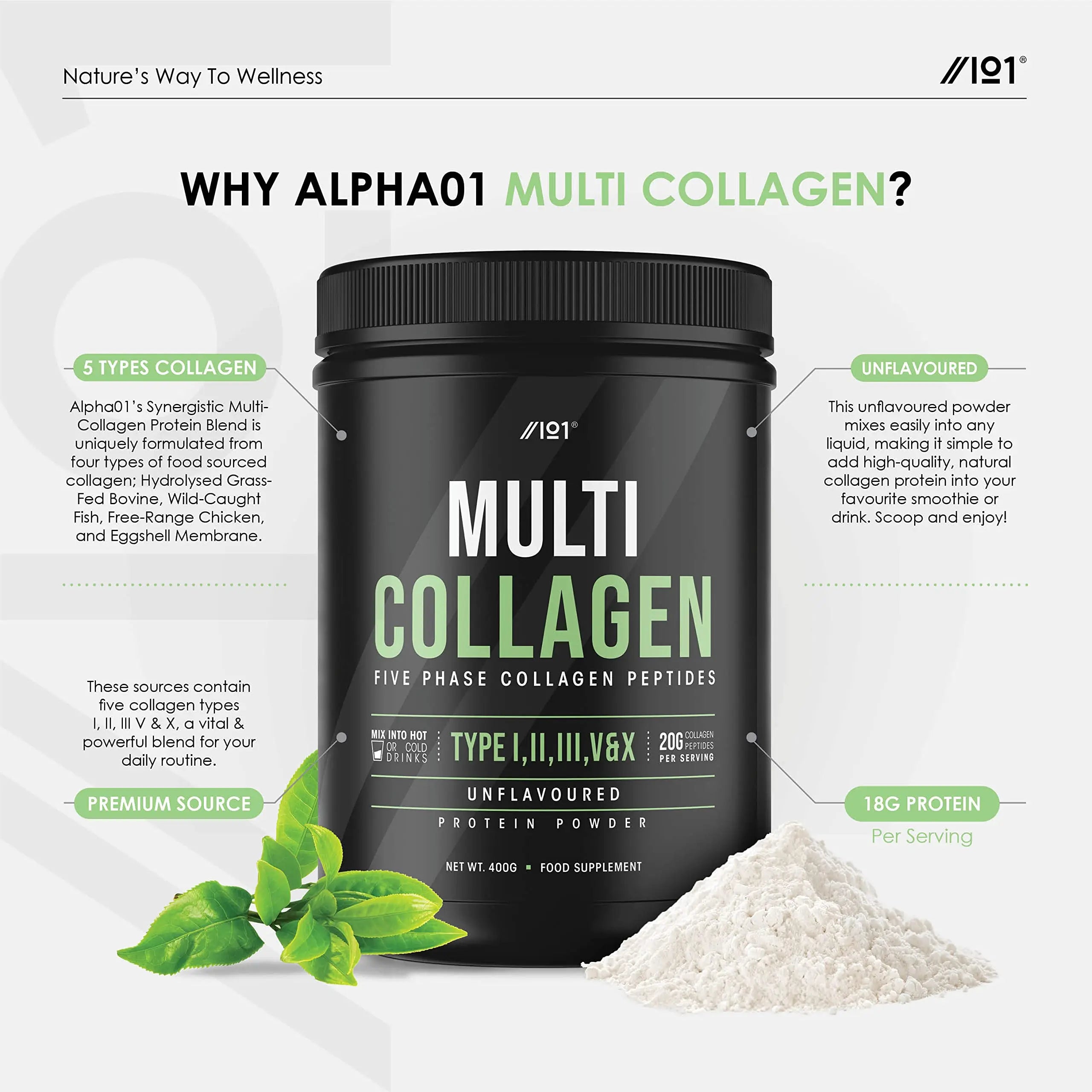 Multi Collagen Protein Powder (400g) - Types I, II, III, V & X - Hydrolyzed Grass Fed Bovine, Wild Caught Fish ALPHA01