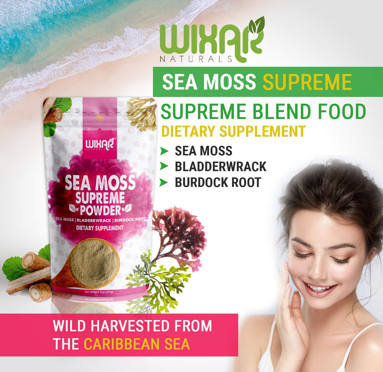 Wixar Wildcrafted Sea Moss Powder – (8 Ounces) – Natural Irish Sea Moss and Bladderwra - AB Mystery