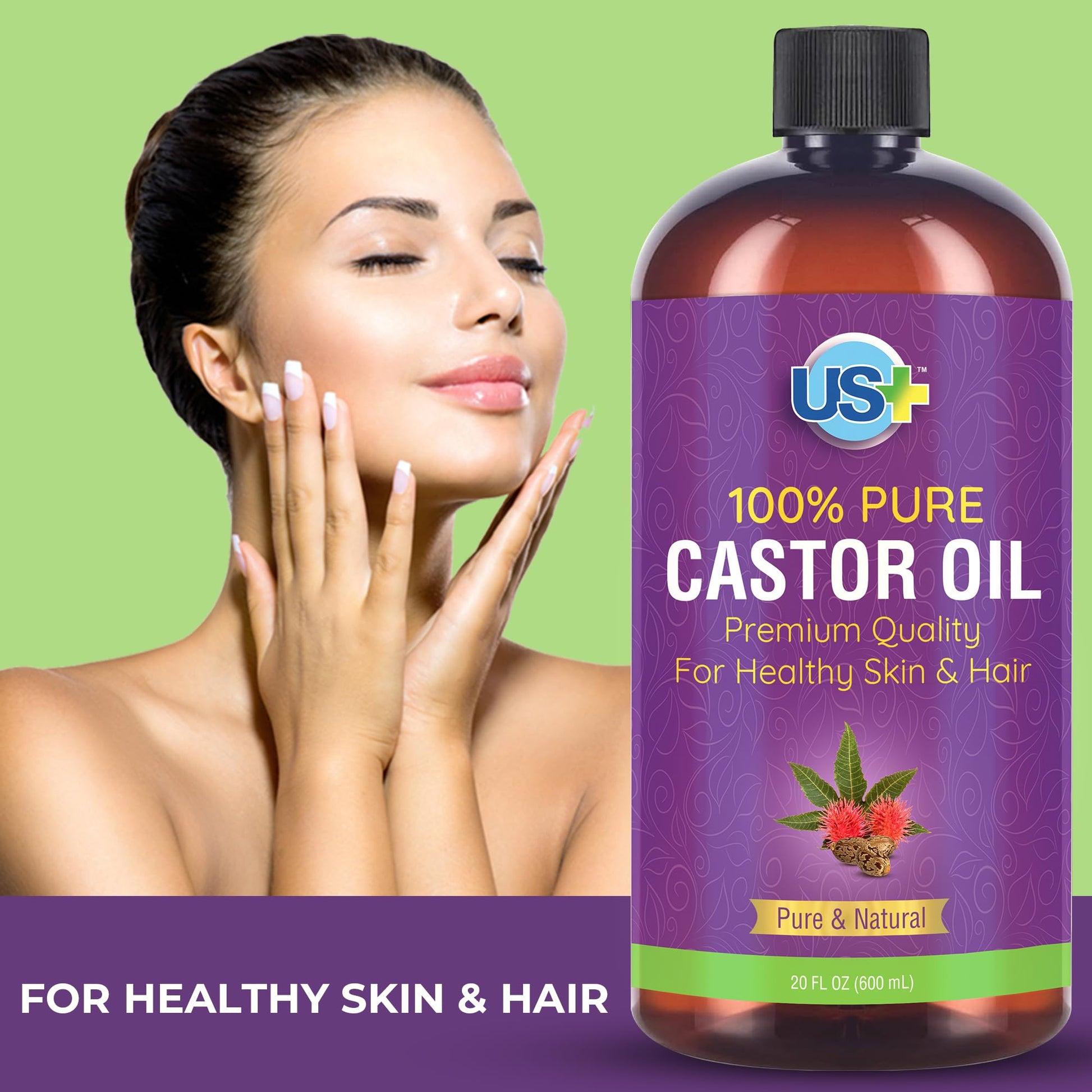 Us+ 20oz 100% Pure Castor Oil - Cold-pressed, Unrefined, Hexane-free - USP Grade - Premium Quality - AB Mystery