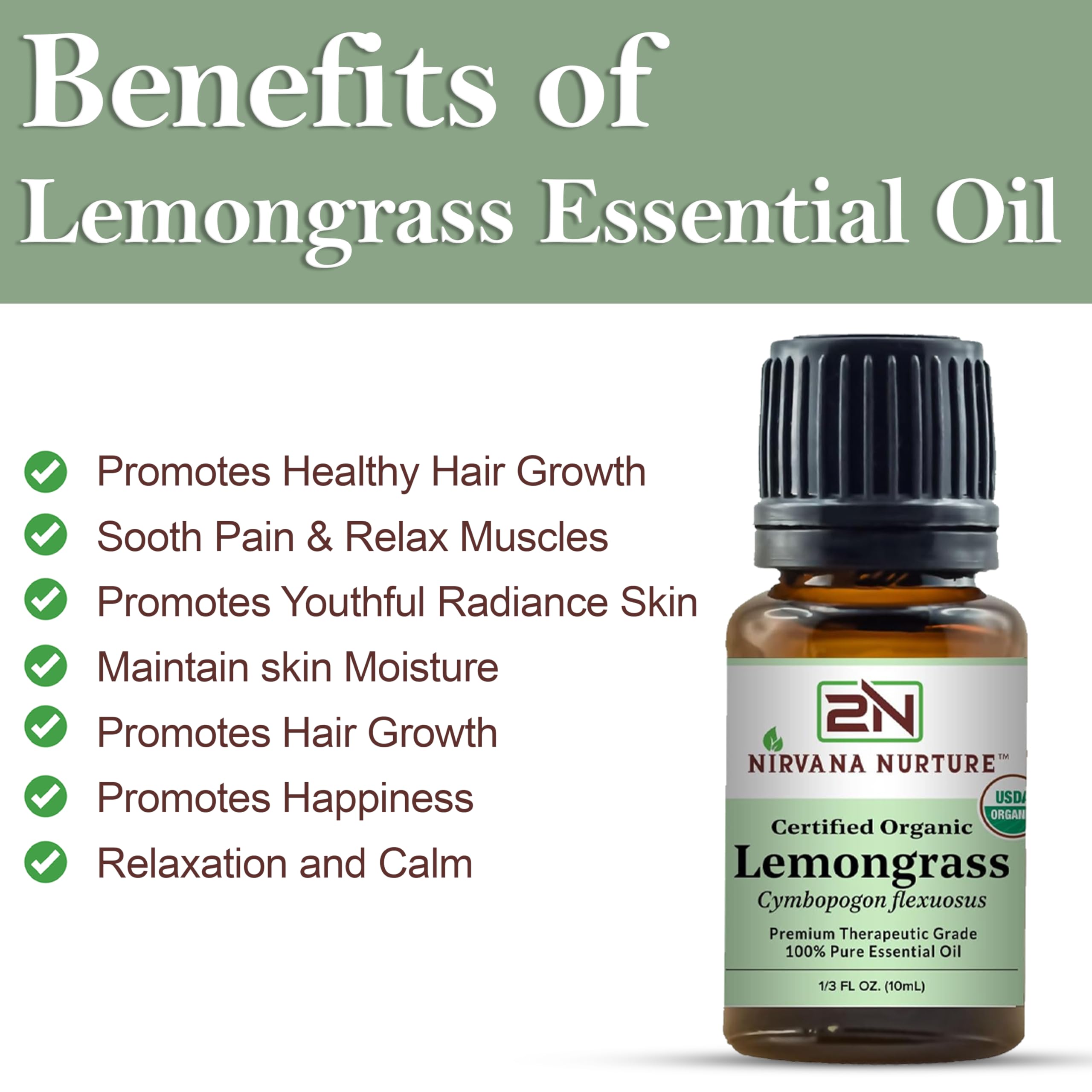 Nirvana Nurture Lemongrass Essential Oil USDA Certified Organic 100% Pure Premium Therapeutic Grade - AB Mystery