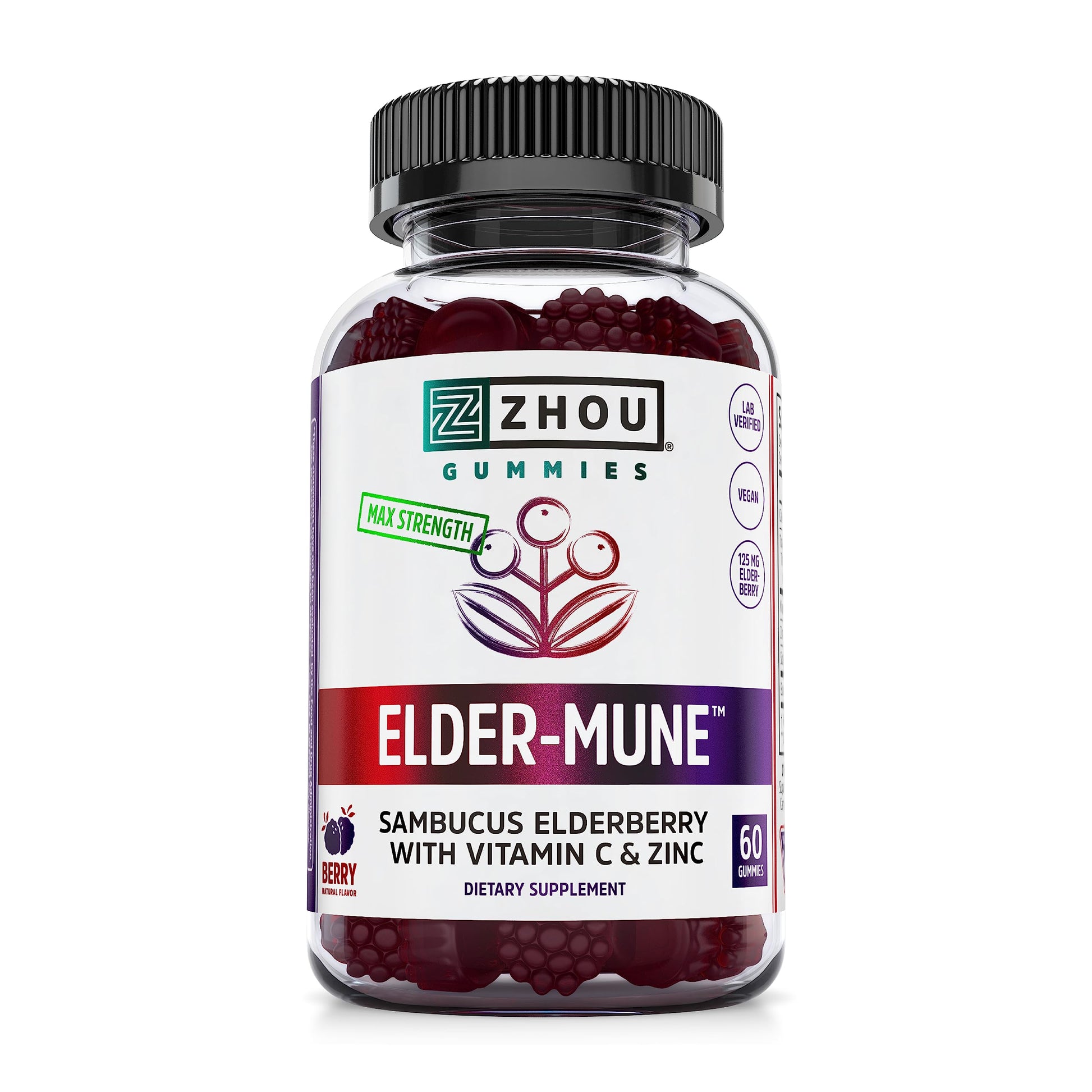 Zhou Nutrition Elder-Mune Sambucus Elderberry Gummies with Zinc and Vitamin C 