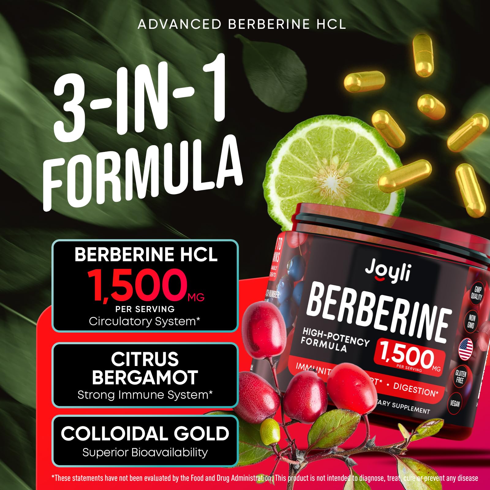 Joyli Berberine 1500MG - 180 Vegan Capsules - Weight Management & Heart Support - AB Mystery