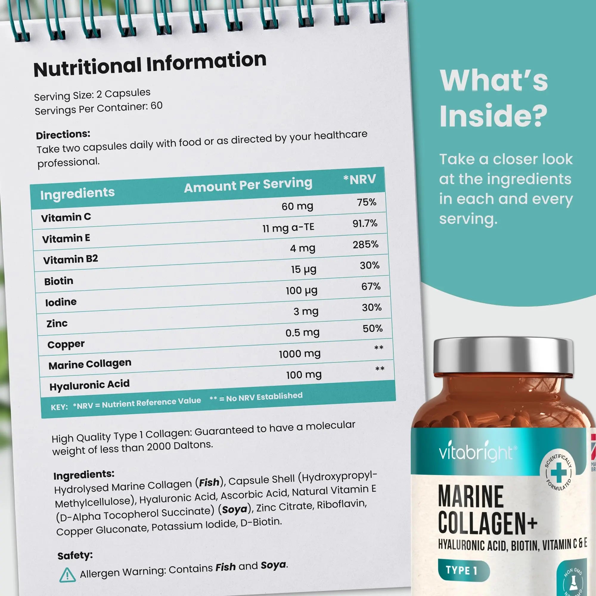 Marine Collagen Capsules 1000mg - 120 Capsules - 9 Powerful Skin Supporting Nutrients VitaBright