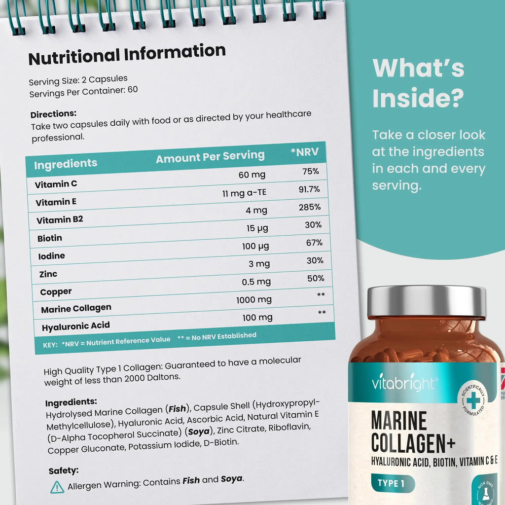 Marine Collagen Capsules 1000mg - 120 Capsules - 9 Powerful Skin Supporting Nutrients VitaBright