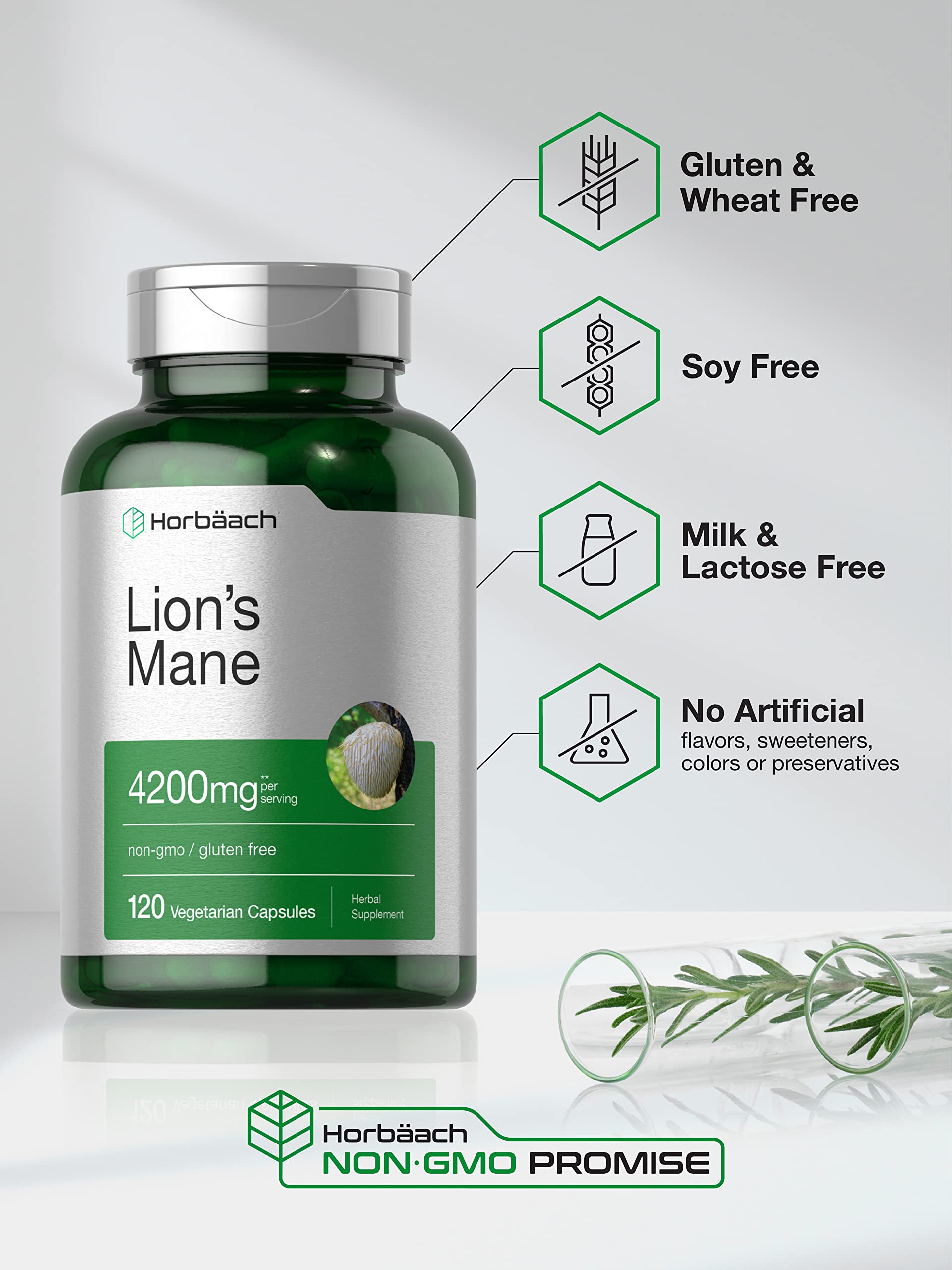 Horbäach Lions Mane Mushroom Extract | 4200mg | 120 Capsules | Vegetarian - AB Mystery