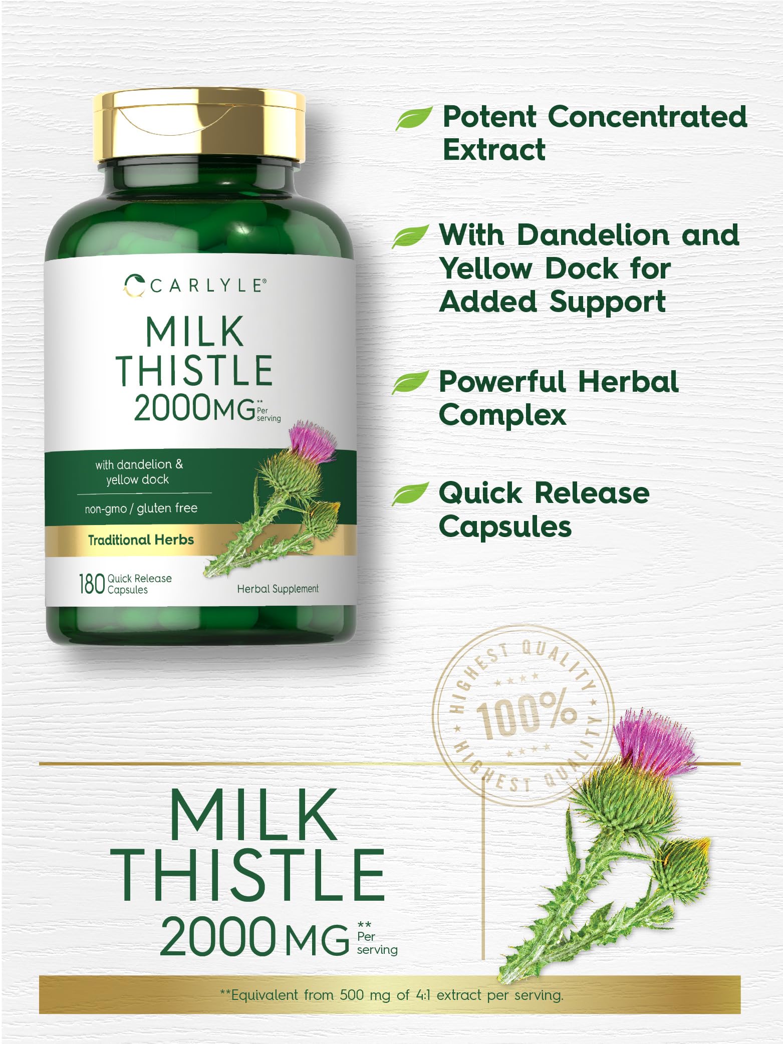 Carlyle Milk Thistle 2000mg | 180 Capsules | with Dandelion & Yellow Dock | Non-GMO - AB Mystery