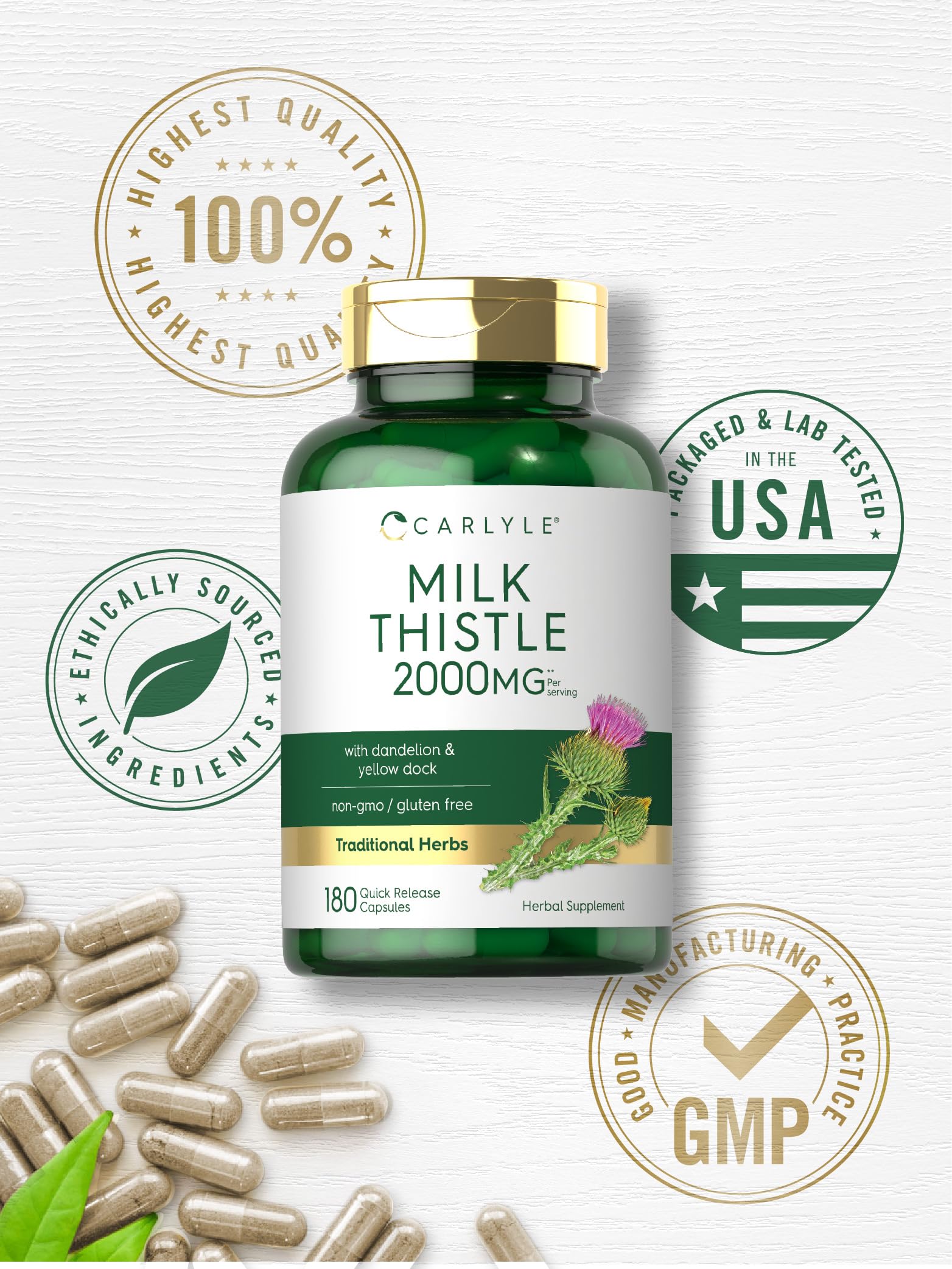 Carlyle Milk Thistle 2000mg | 180 Capsules | with Dandelion & Yellow Dock | Non-GMO - AB Mystery