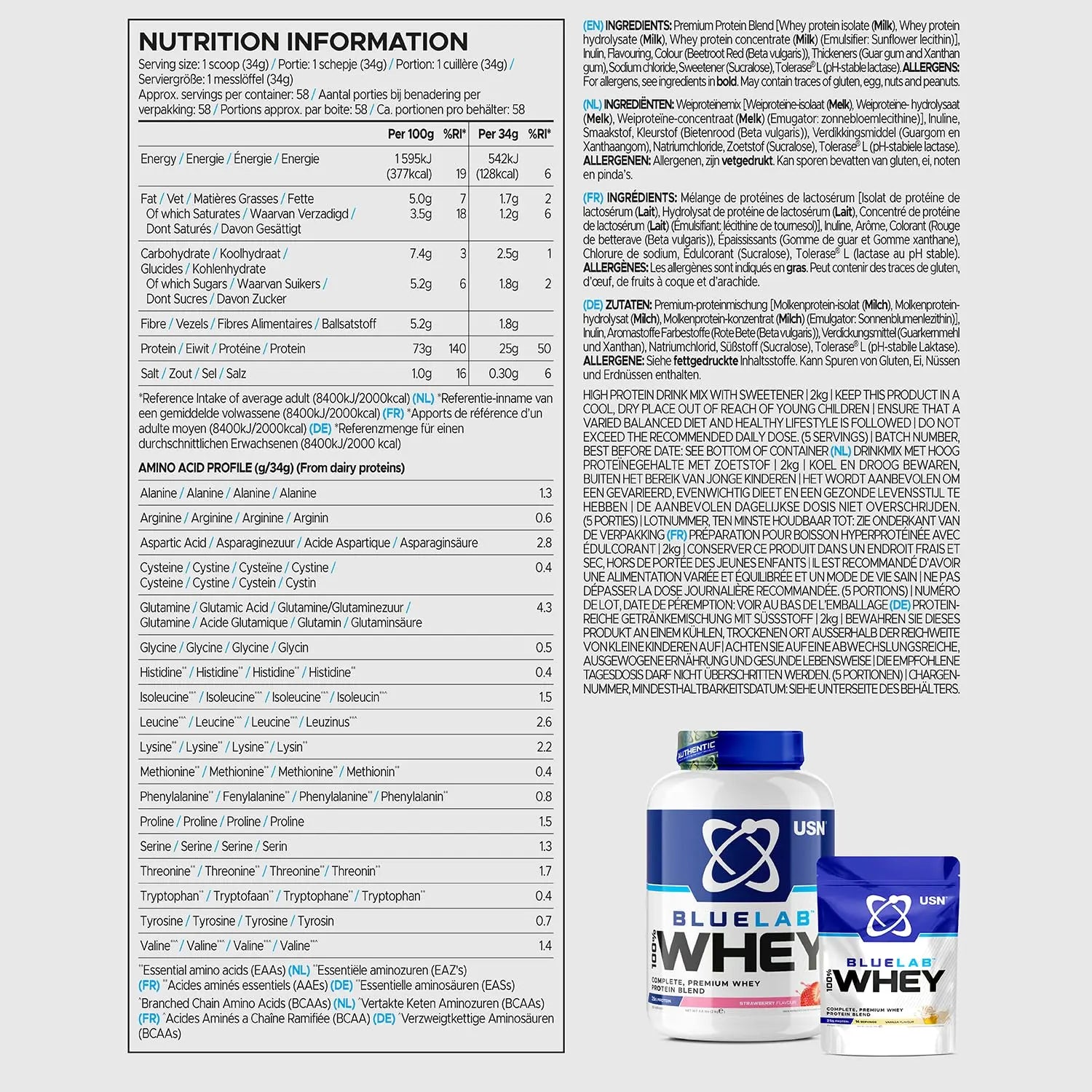 USN Blue Lab Whey Protein Powder: Strawberry - Whey Protein 908g - Post-Workout - Whey Isolate USN