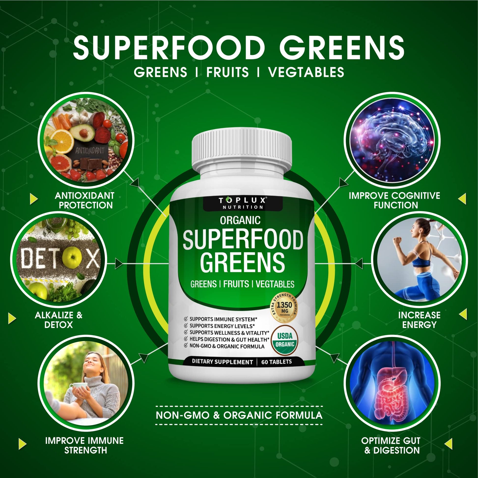 Organic Super Greens Capsules Superfood Fruit Veggie Supplement - 28 Powerful Natural - AB Mystery