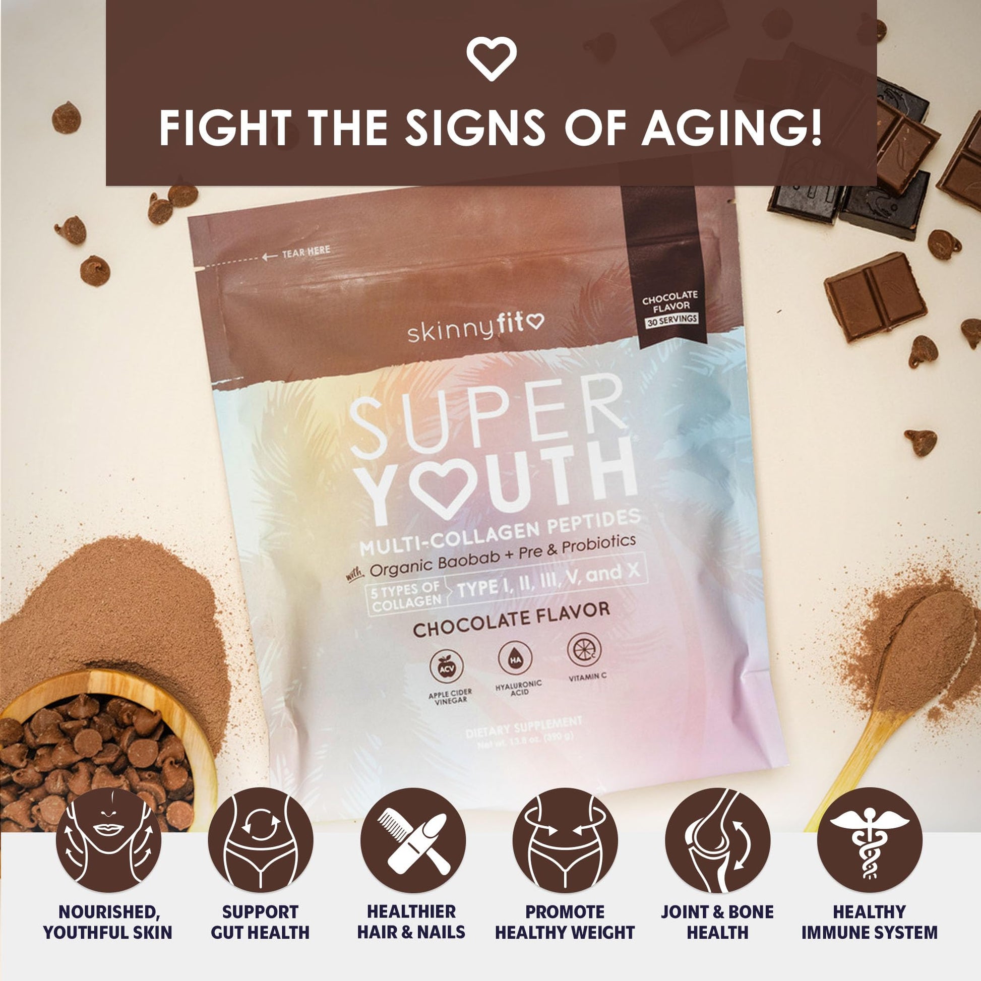 SkinnyFit Super Youth Chocolate Multi-Collagen Peptides + Probiotics, Baobab Fiber - AB Mystery